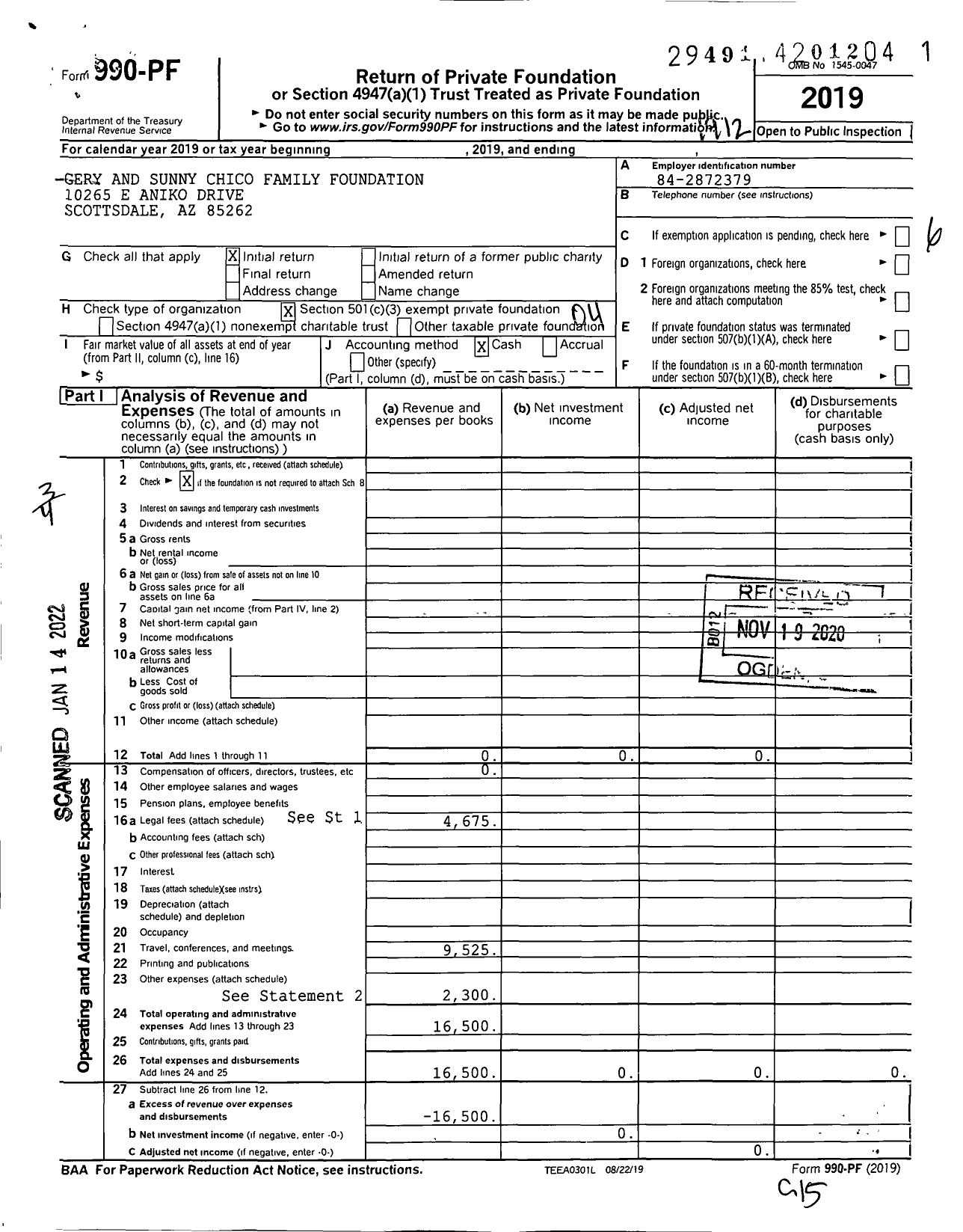 Image of first page of 2019 Form 990PF for Gery and Sunny Chico Family Foundation