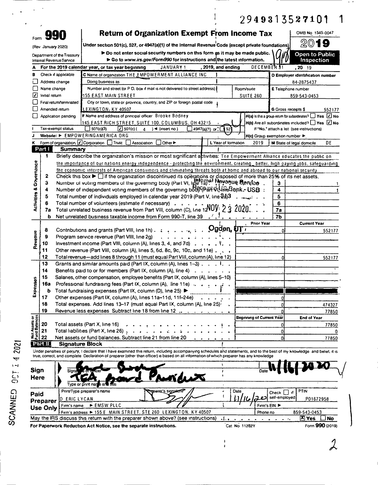 Image of first page of 2019 Form 990O for The Empowerment Alliance