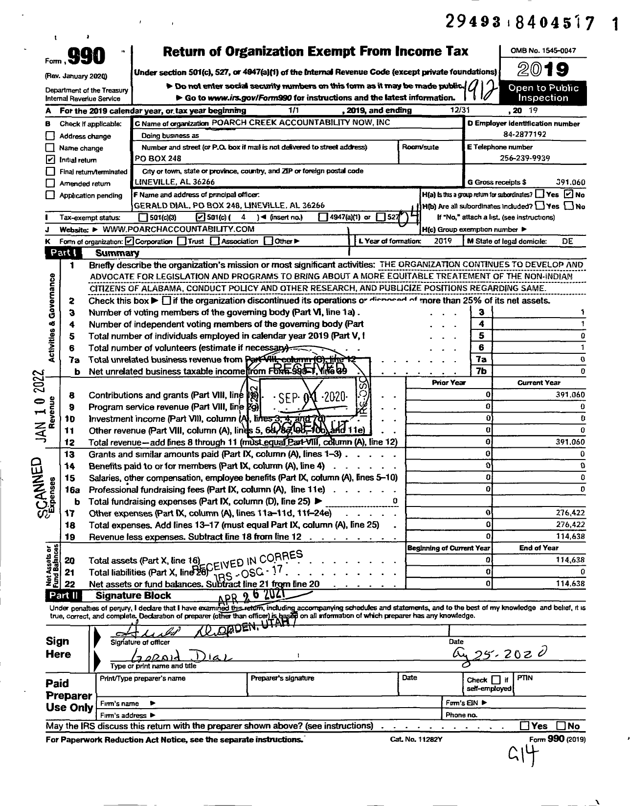 Image of first page of 2019 Form 990O for Poarch Creek Accountability Now in