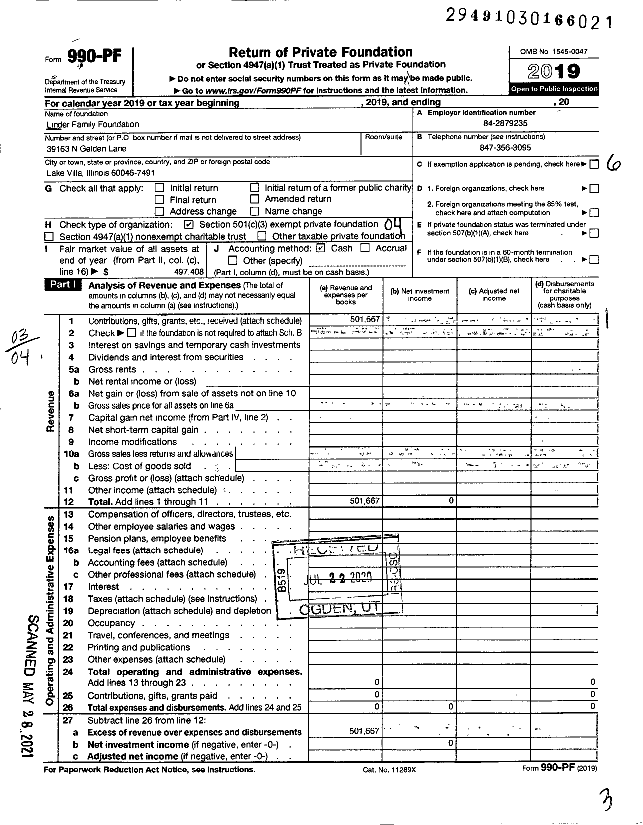 Image of first page of 2019 Form 990PF for Linder Family Foundation