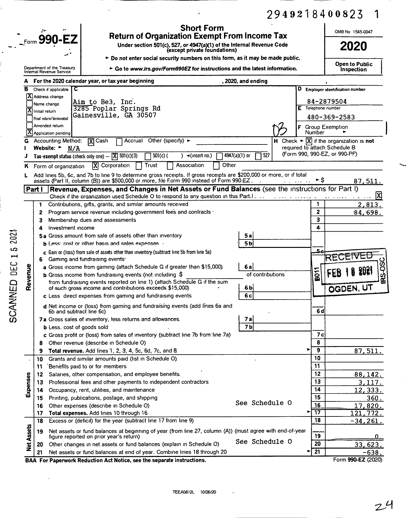 Image of first page of 2020 Form 990EZ for Aim to Be3