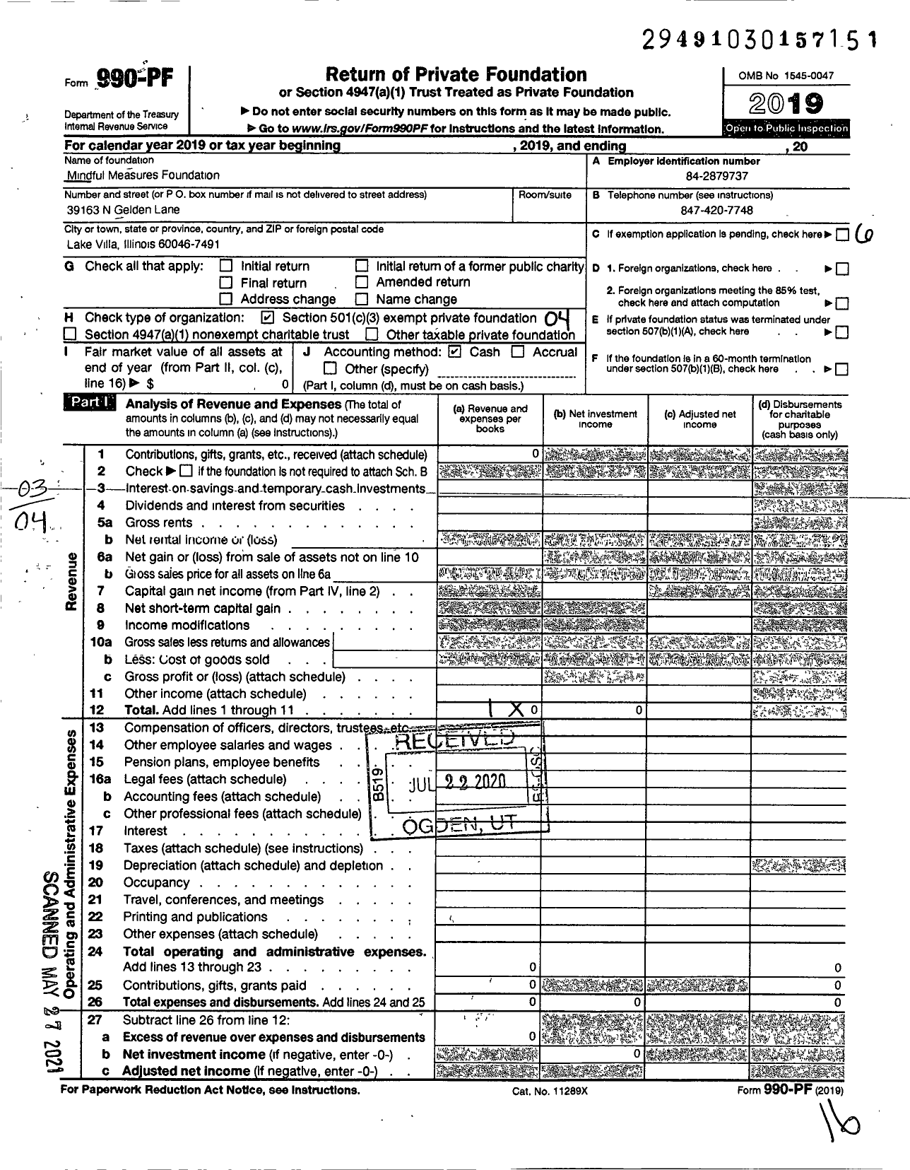 Image of first page of 2019 Form 990PF for Mindful Measures Foundation