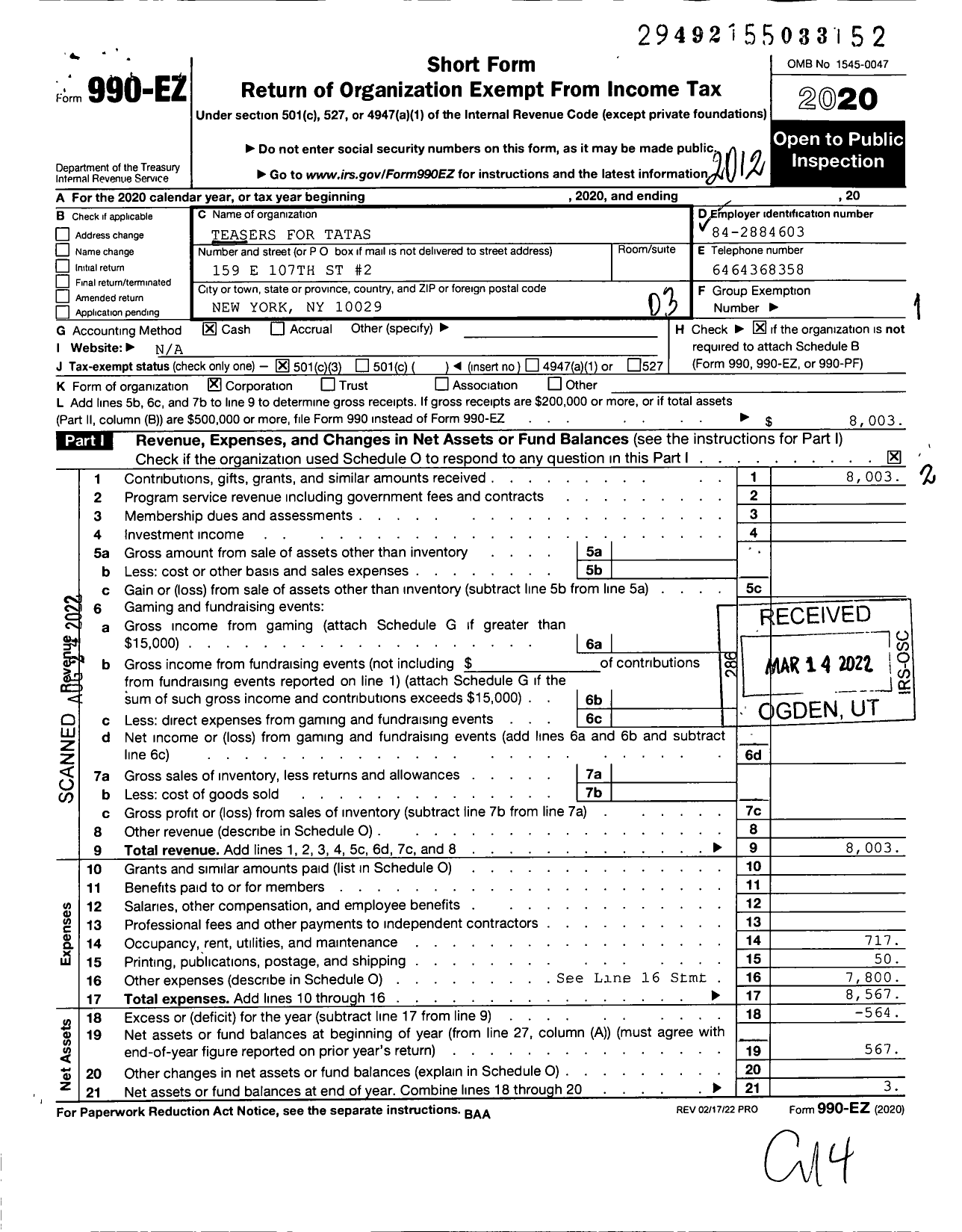 Image of first page of 2020 Form 990EZ for Teasers for Tatas