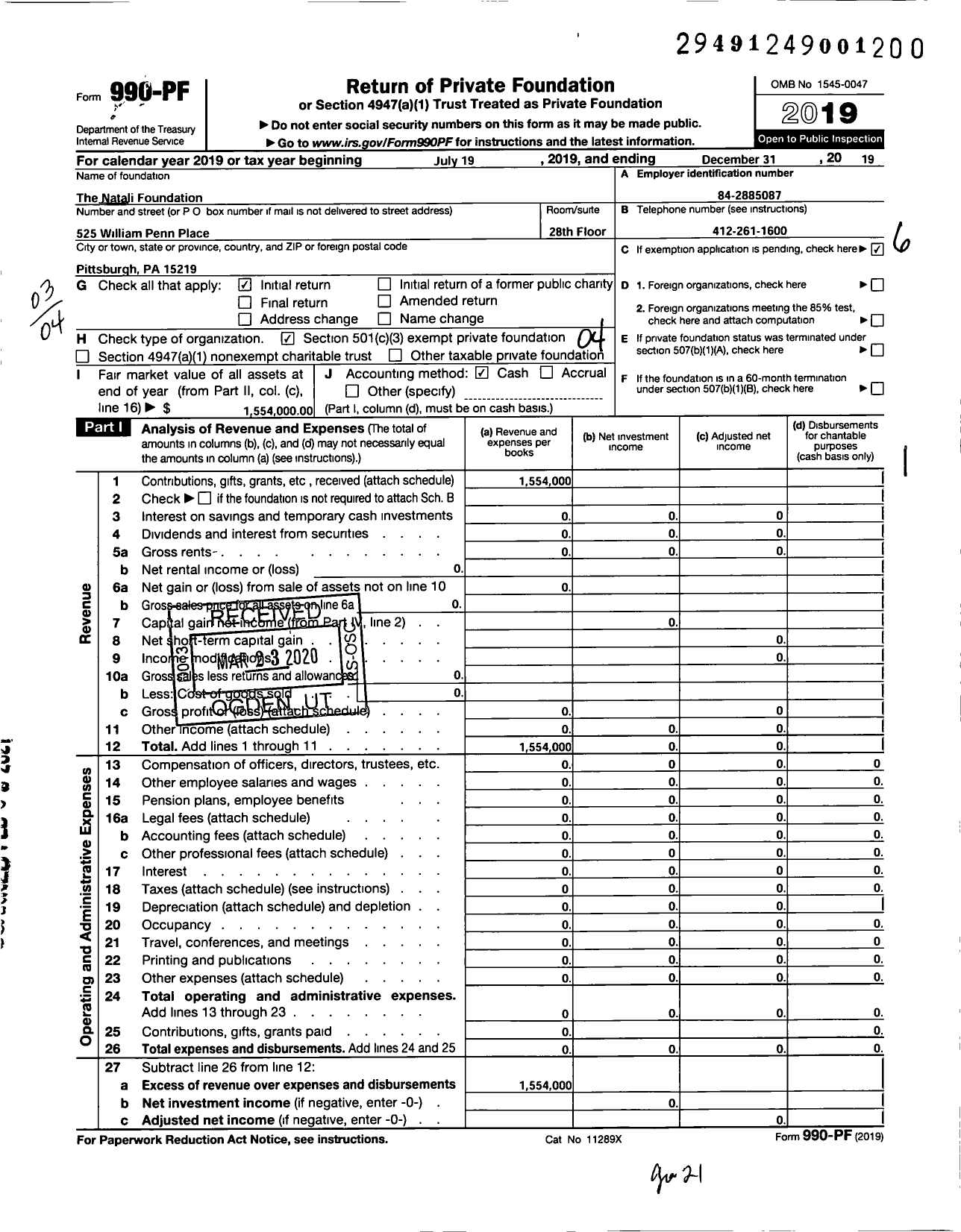 Image of first page of 2019 Form 990PF for The Natali Foundation