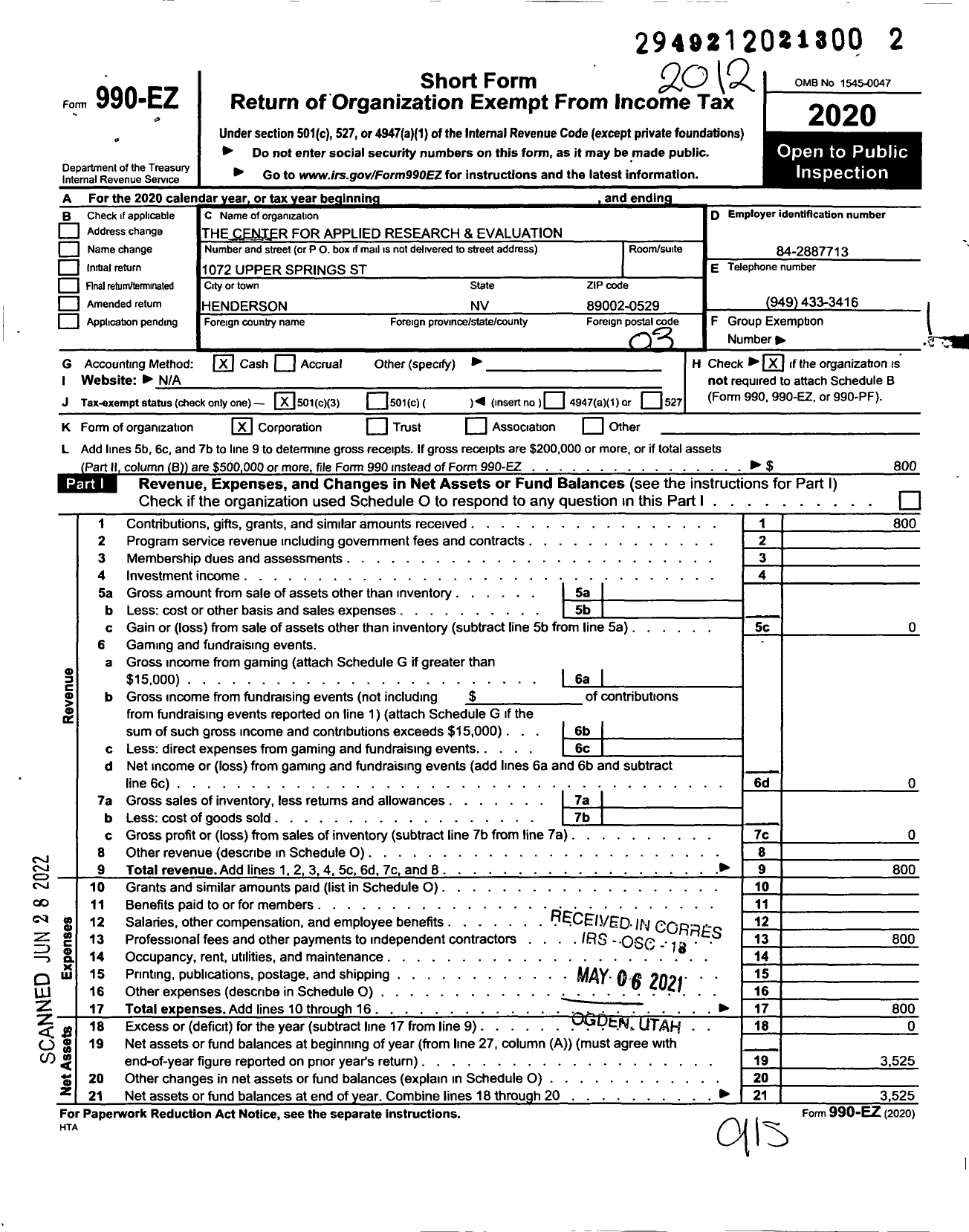 Image of first page of 2020 Form 990EZ for The Center for Applied Research and Evaluation