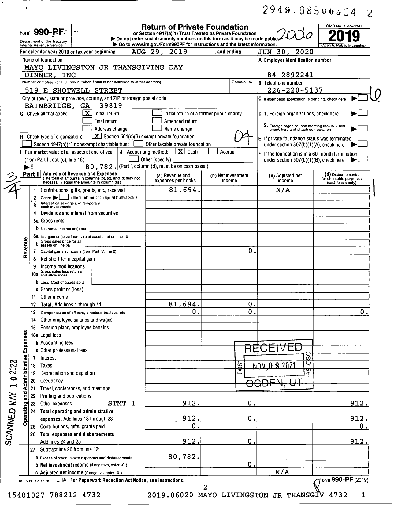 Image of first page of 2019 Form 990PF for Mayo Livingston JR Thansgiving Day Dinner