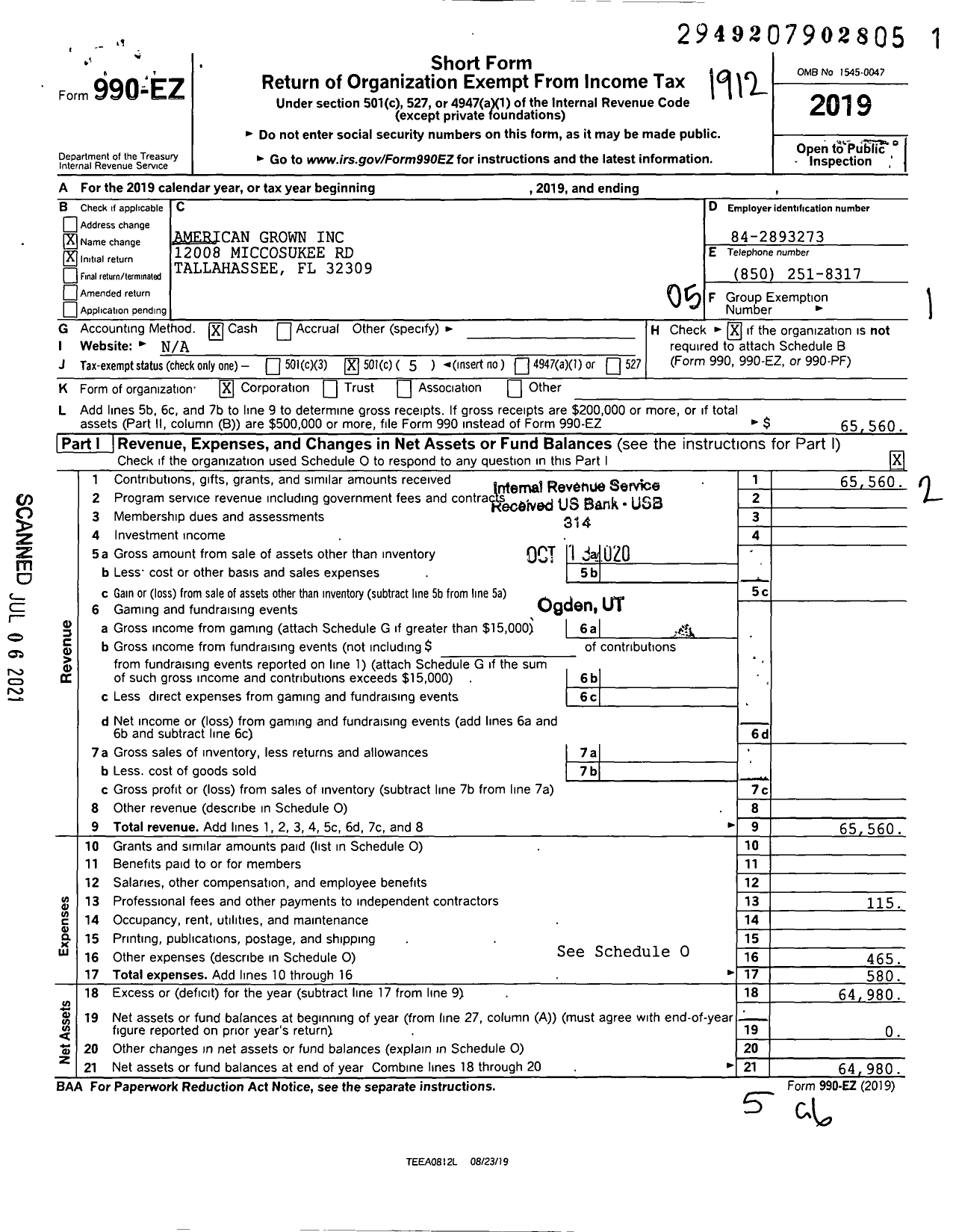 Image of first page of 2019 Form 990EO for American Grown