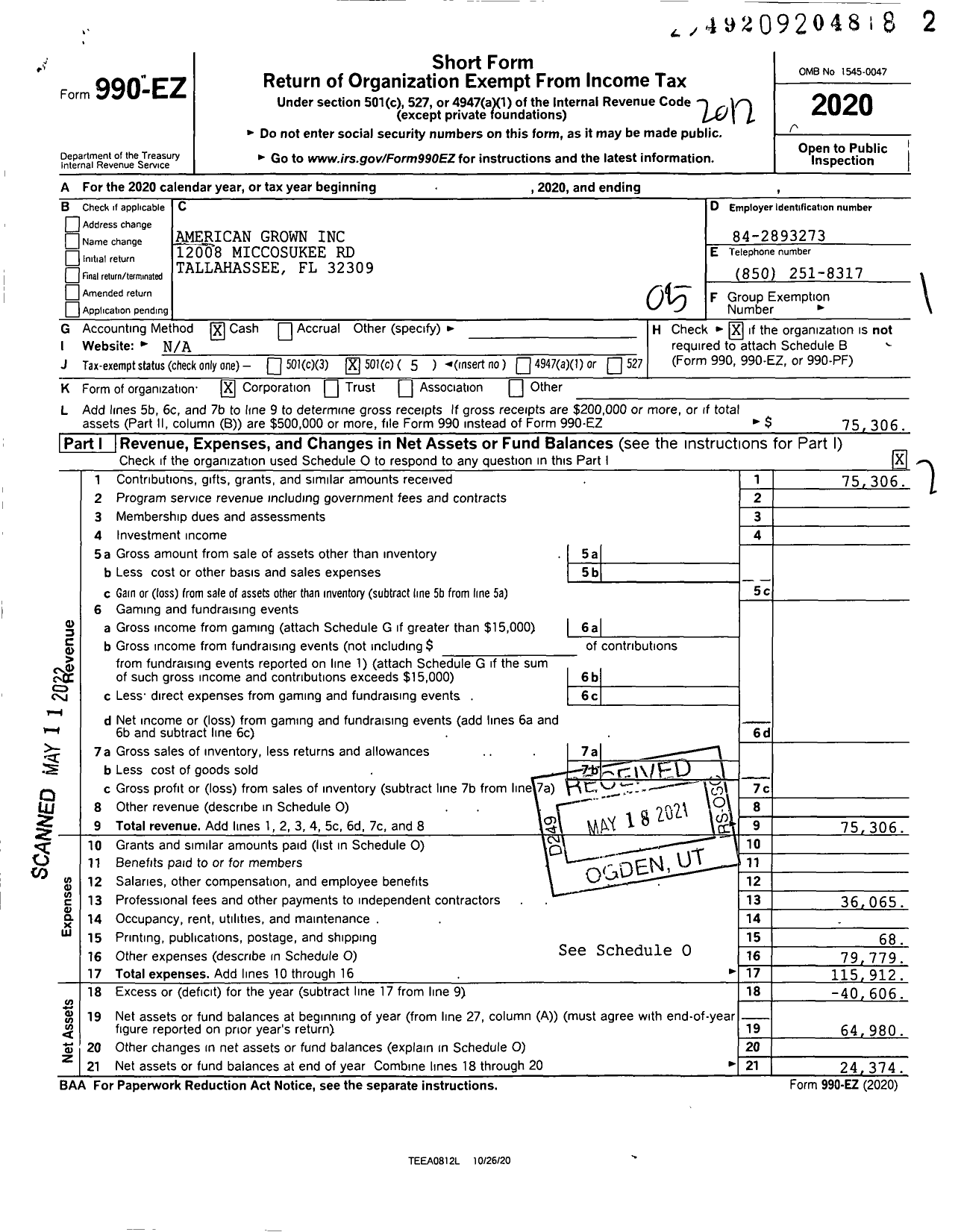 Image of first page of 2020 Form 990EO for American Grown