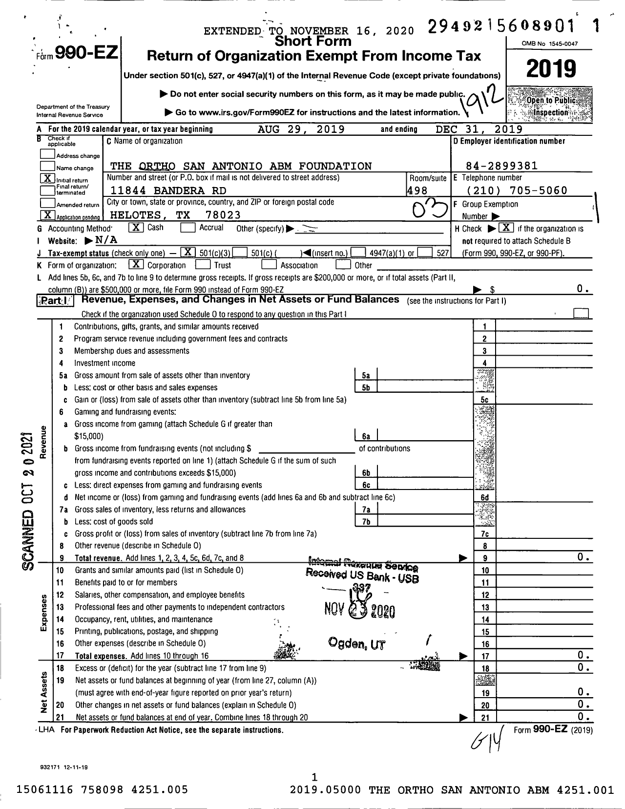 Image of first page of 2019 Form 990EZ for The Ortho San Antonio Abm Foundation