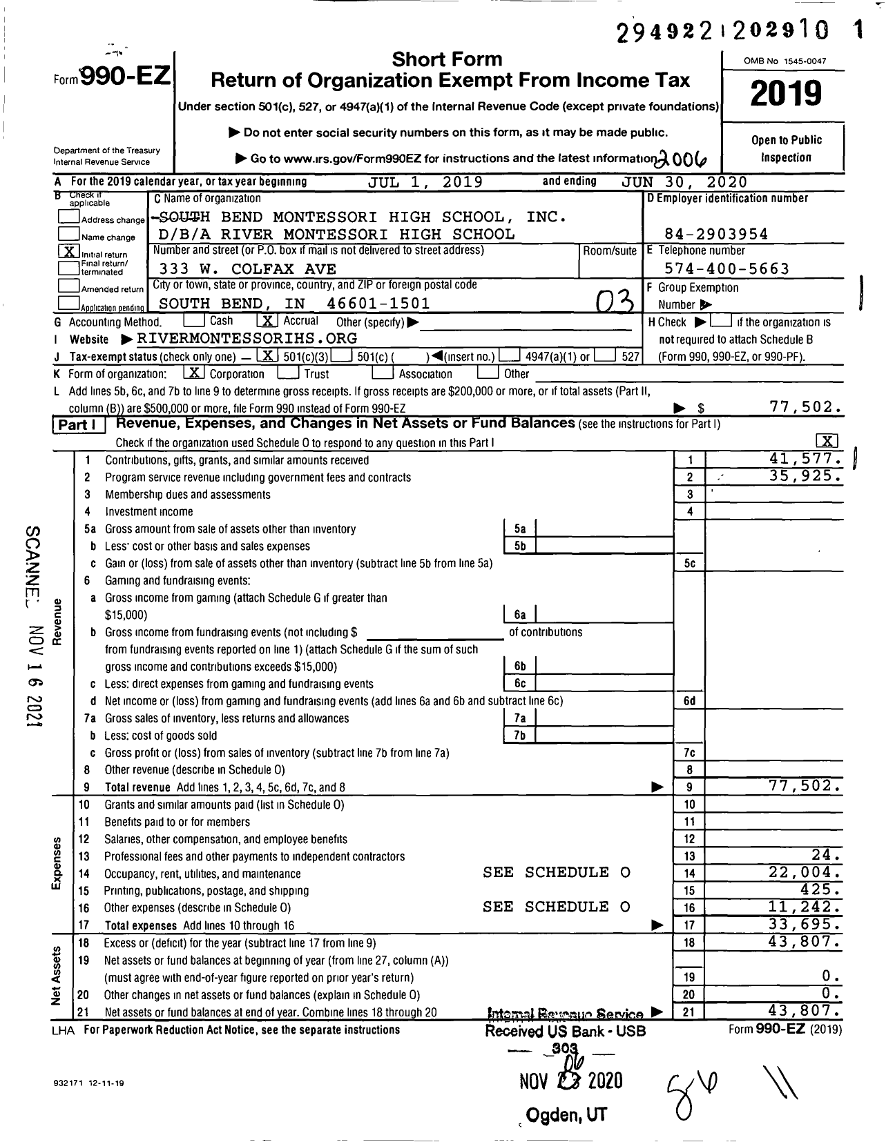 Image of first page of 2019 Form 990EZ for River Montessori High School