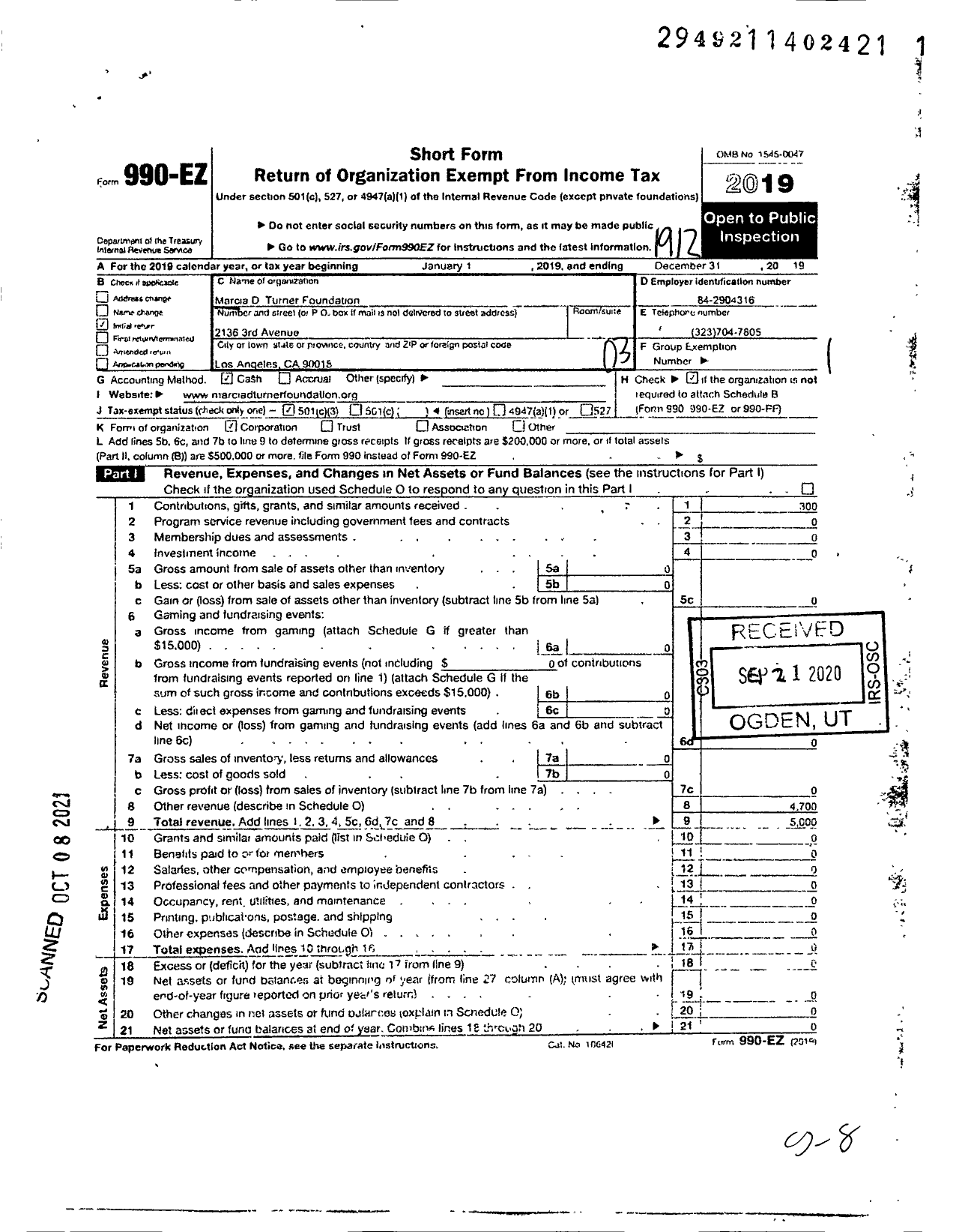 Image of first page of 2019 Form 990EZ for Marcia D Turner Foundation