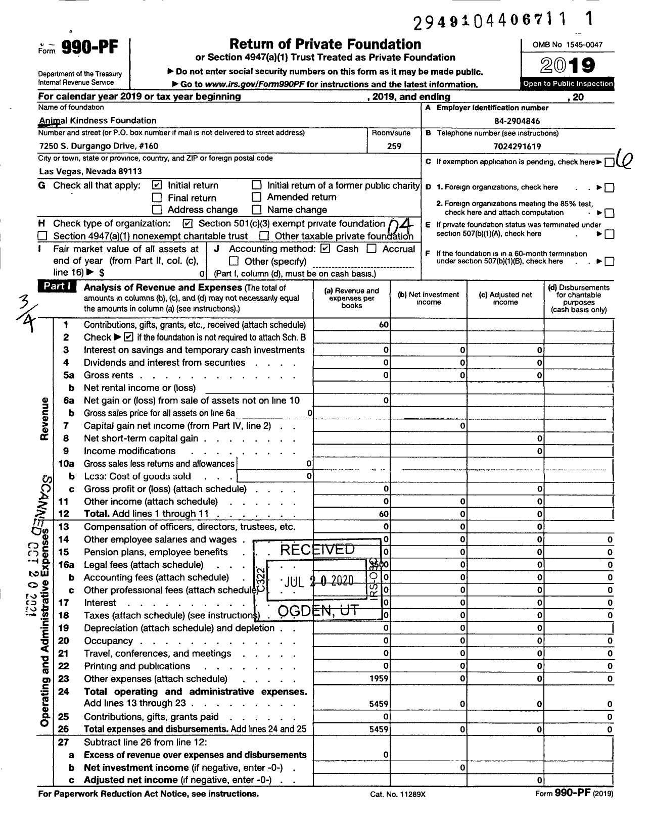 Image of first page of 2019 Form 990PF for Animal Kindness Foundation