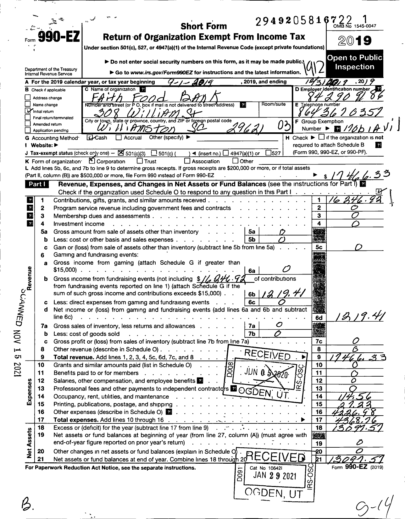 Image of first page of 2019 Form 990EZ for Faith Food Bank