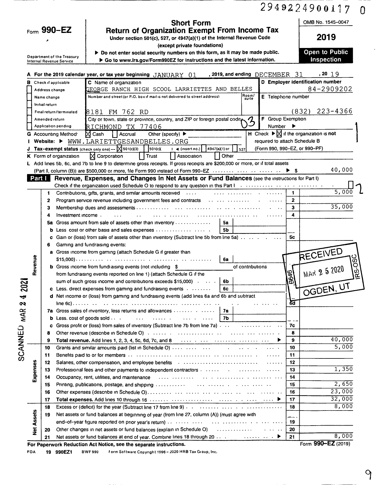 Image of first page of 2019 Form 990EZ for George Ranch High School Lariettes and Belles Booster Club Lariettes Booster Club