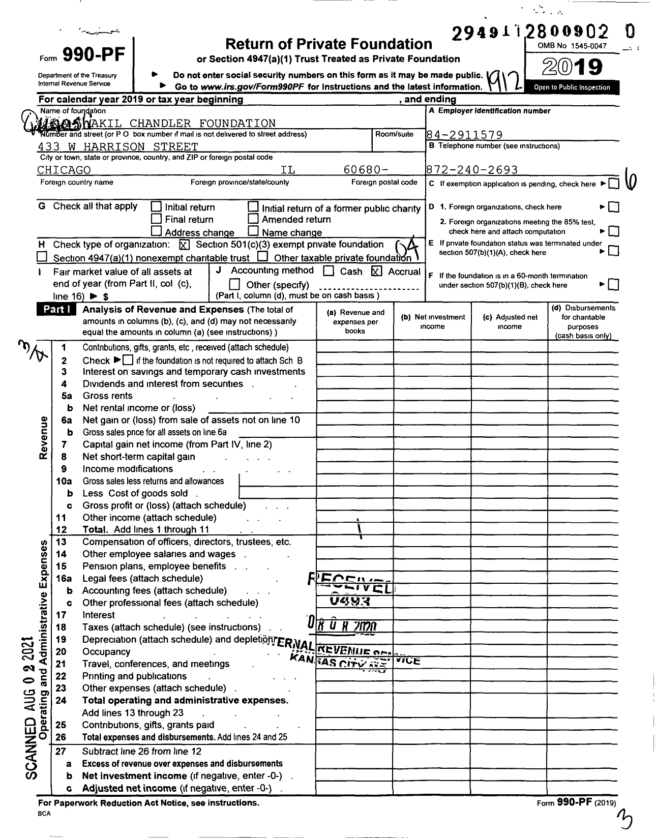 Image of first page of 2019 Form 990PF for Quaashi Akil Chandler Foundation NFP