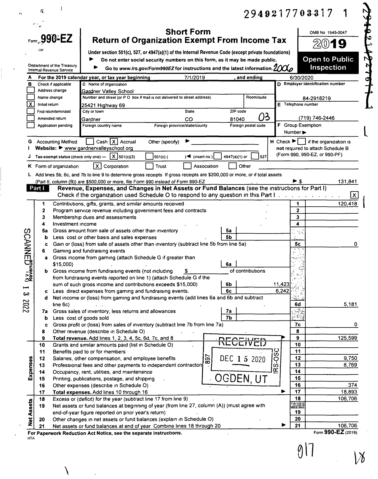 Image of first page of 2019 Form 990EZ for Gardner Valley School