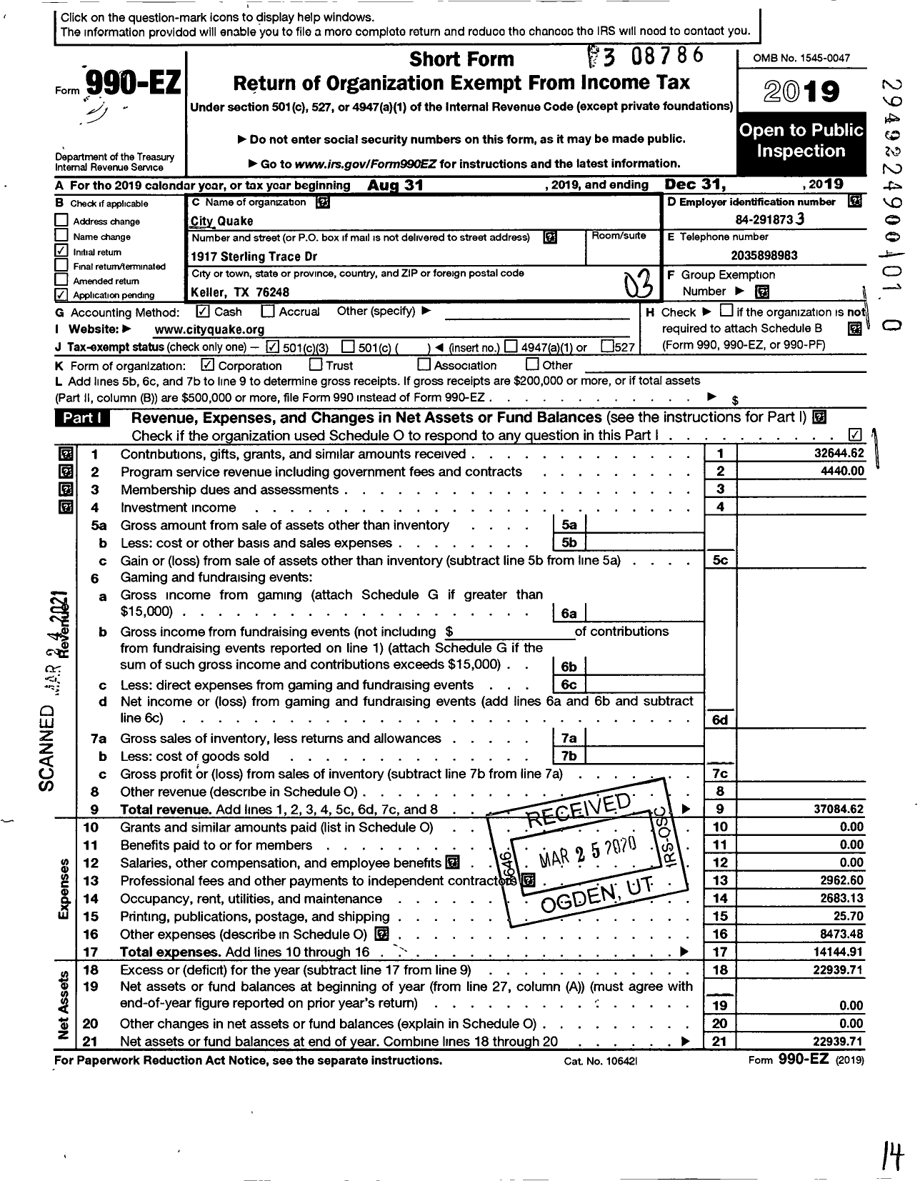 Image of first page of 2019 Form 990EZ for City Quake