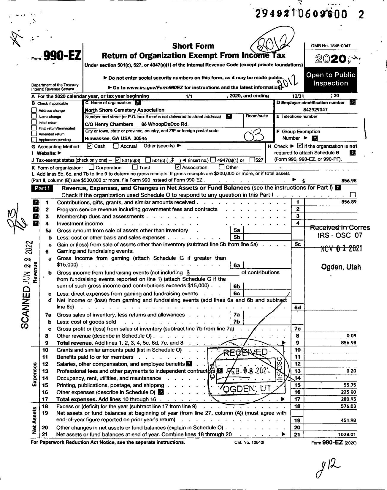 Image of first page of 2020 Form 990EZ for North Shore Cemetery Association