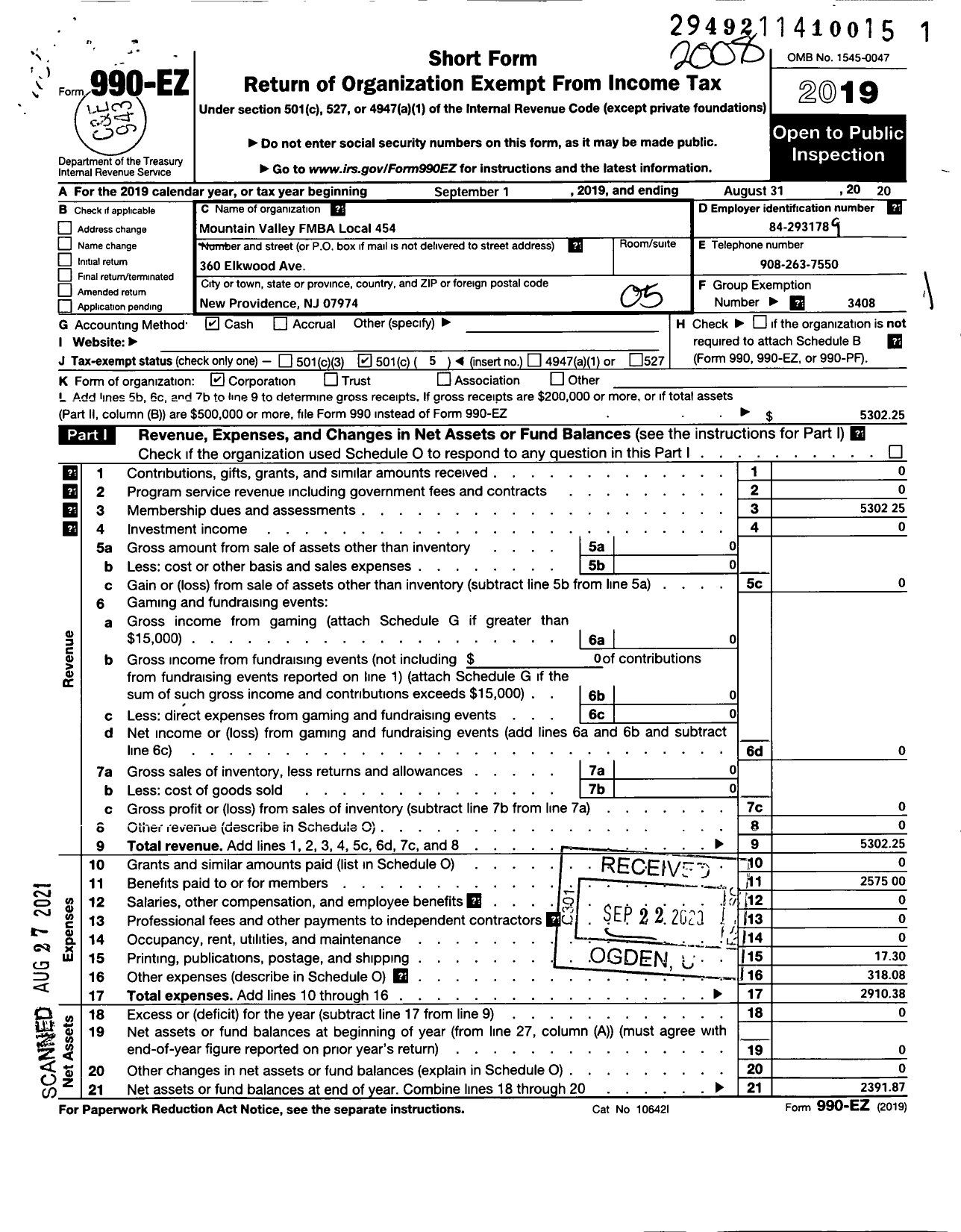 Image of first page of 2019 Form 990EO for New Jersey State Firemens Mutual Benevolent Association - Mountain Valley Local 454