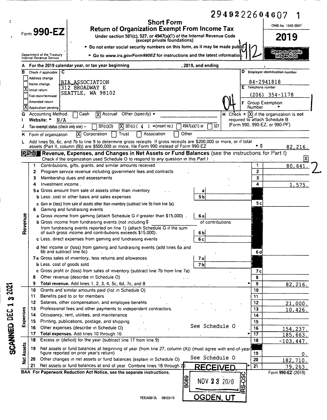 Image of first page of 2019 Form 990EO for Bia Association