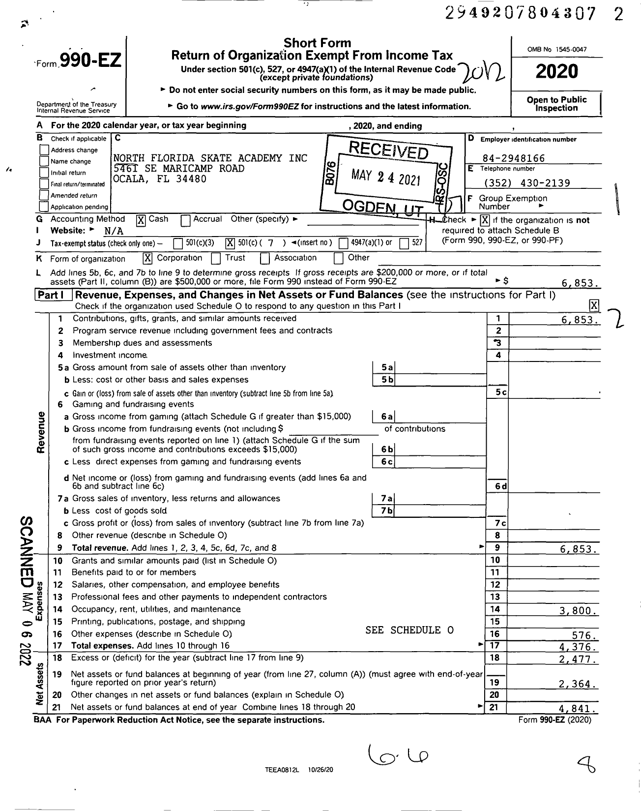 Image of first page of 2020 Form 990EO for North Florida Skate Academy