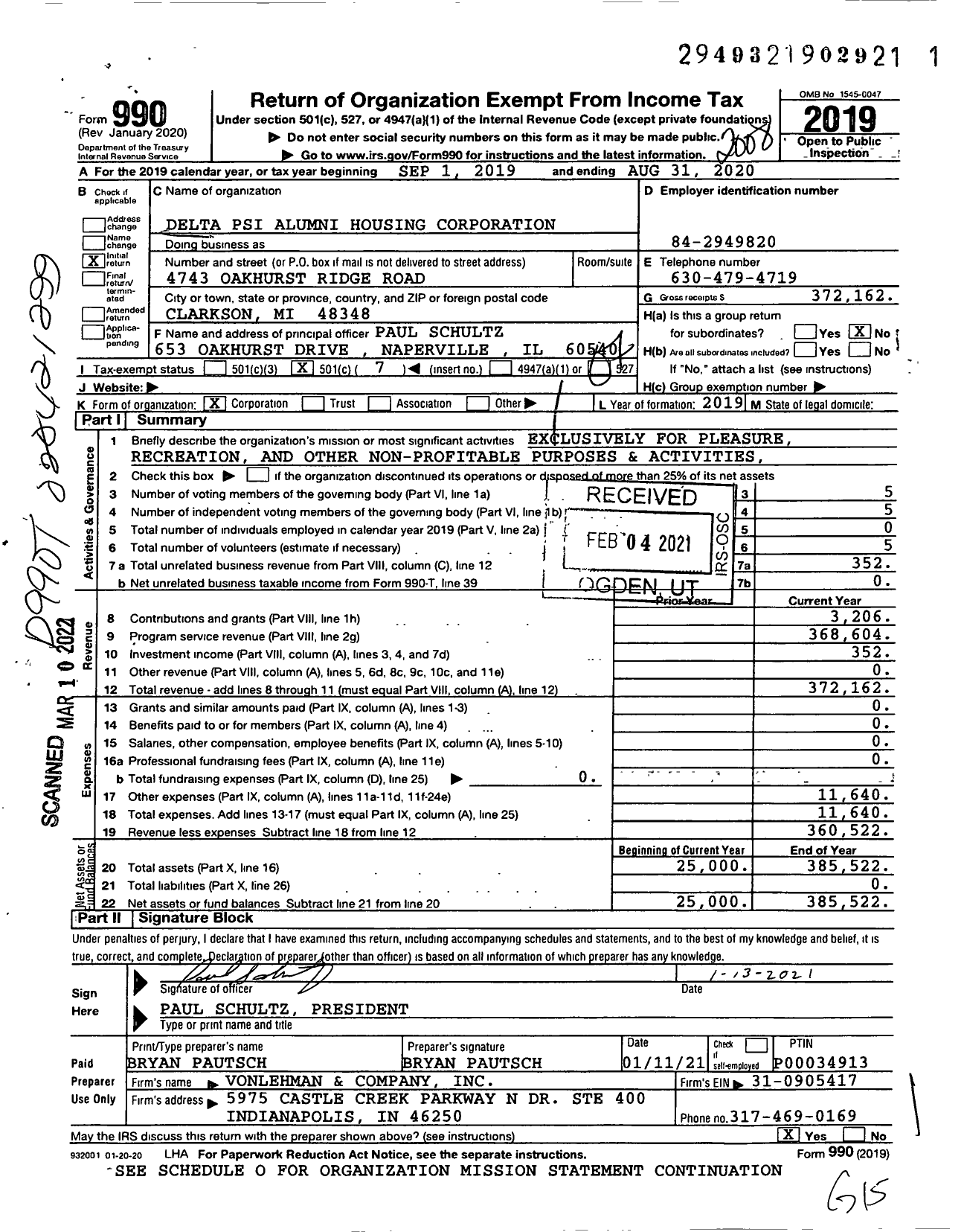 Image of first page of 2019 Form 990O for Delta Psi Alumni Housing Corporation