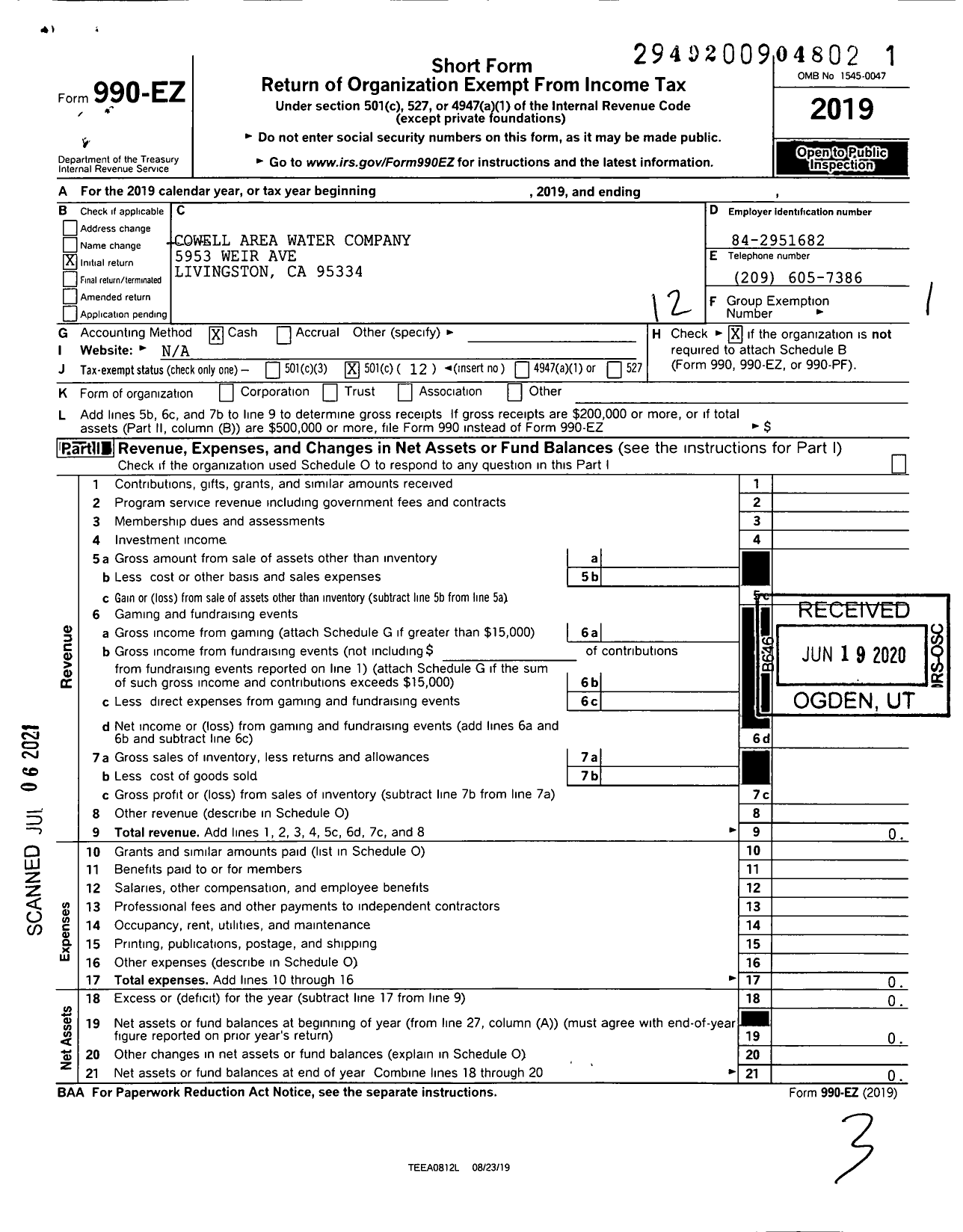 Image of first page of 2019 Form 990EO for Cowell Area Water Company