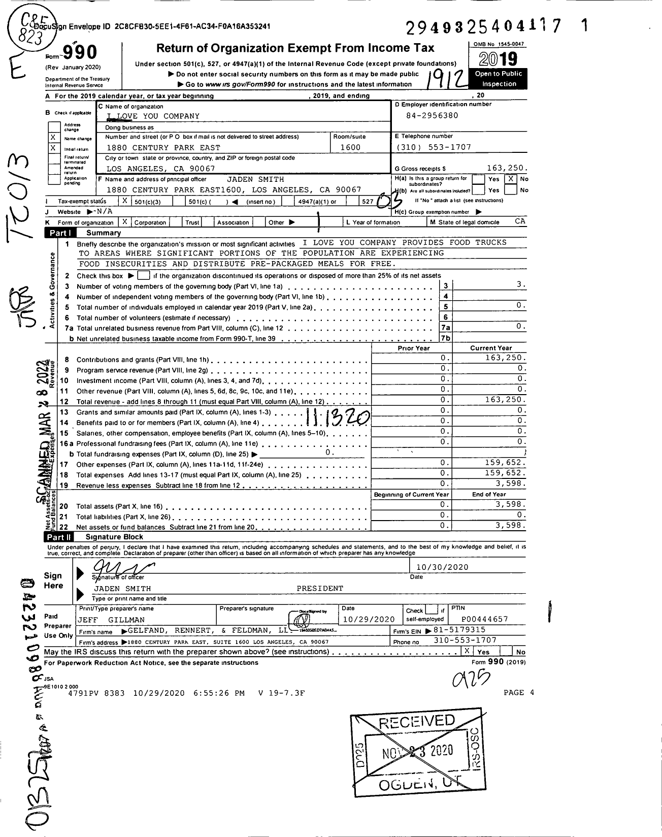 Image of first page of 2019 Form 990 for I Love You Company