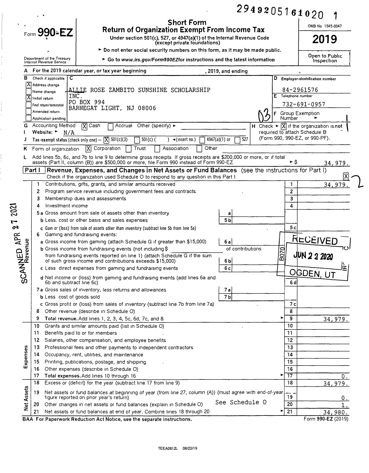 Image of first page of 2019 Form 990EZ for Allie Rose Zambito Sunshine Scholarship