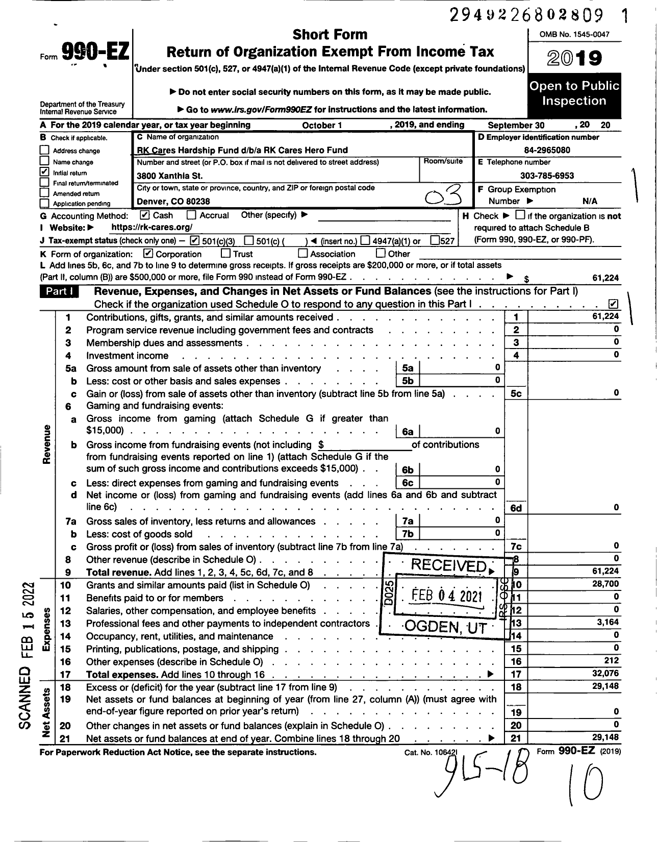 Image of first page of 2019 Form 990EZ for RK Cares Hardship Fund