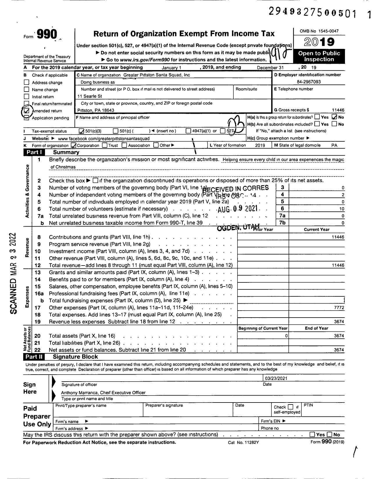 Image of first page of 2019 Form 990 for Greater Pittston Santa Squad I