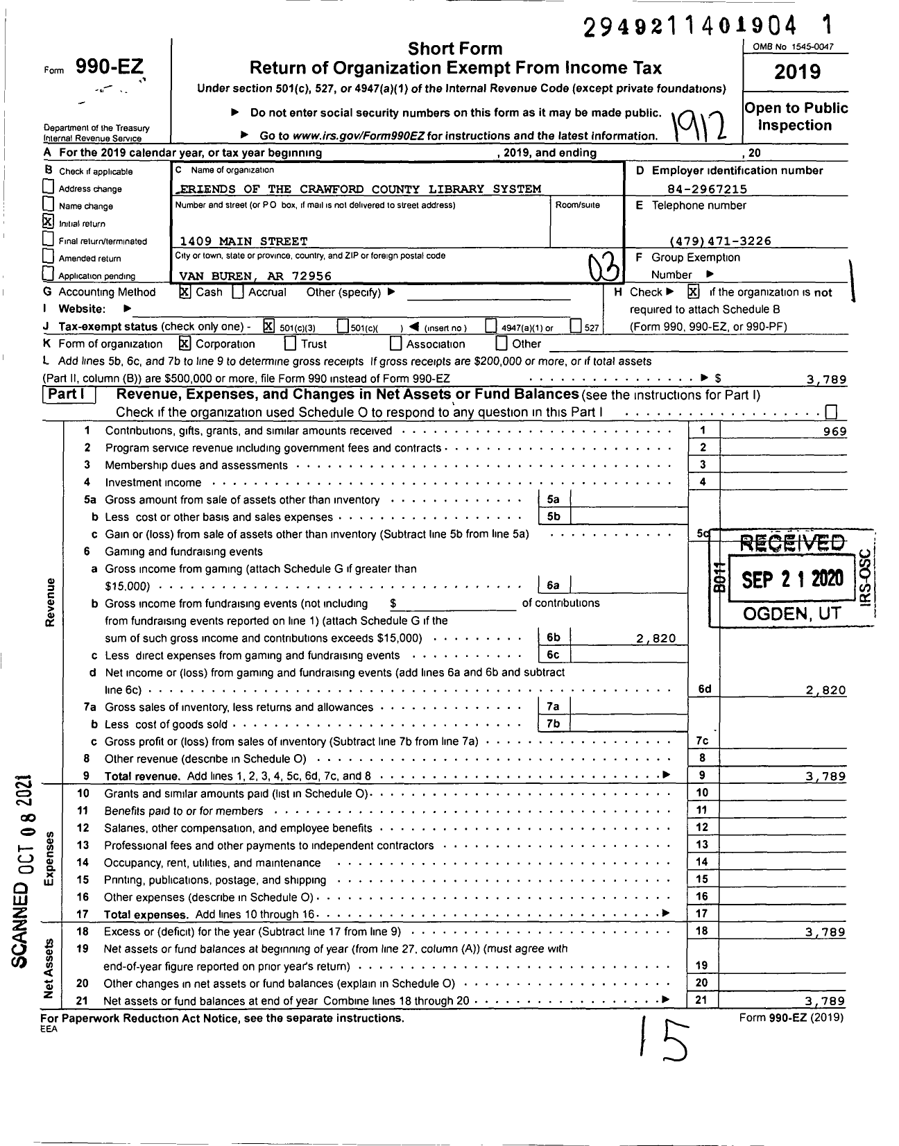 Image of first page of 2019 Form 990EZ for Friends of the Crawford County Library System