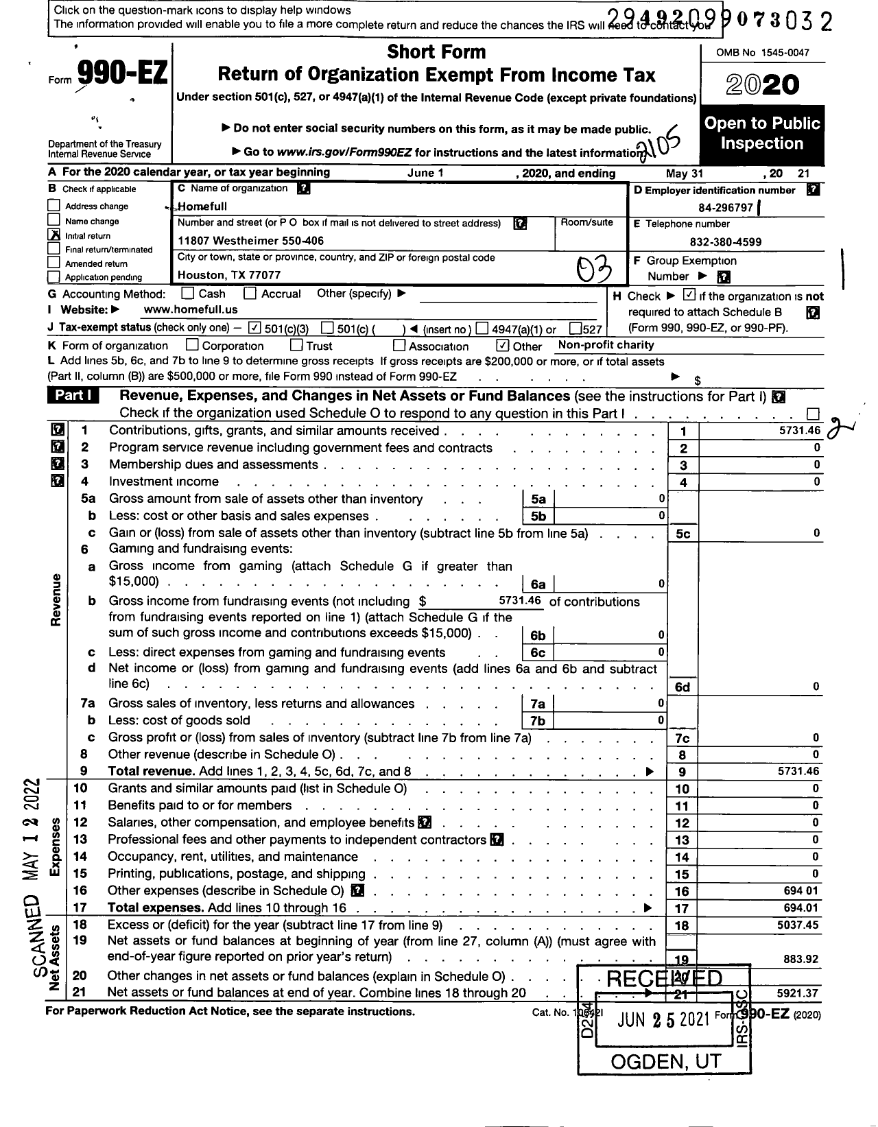 Image of first page of 2020 Form 990EZ for Homefull