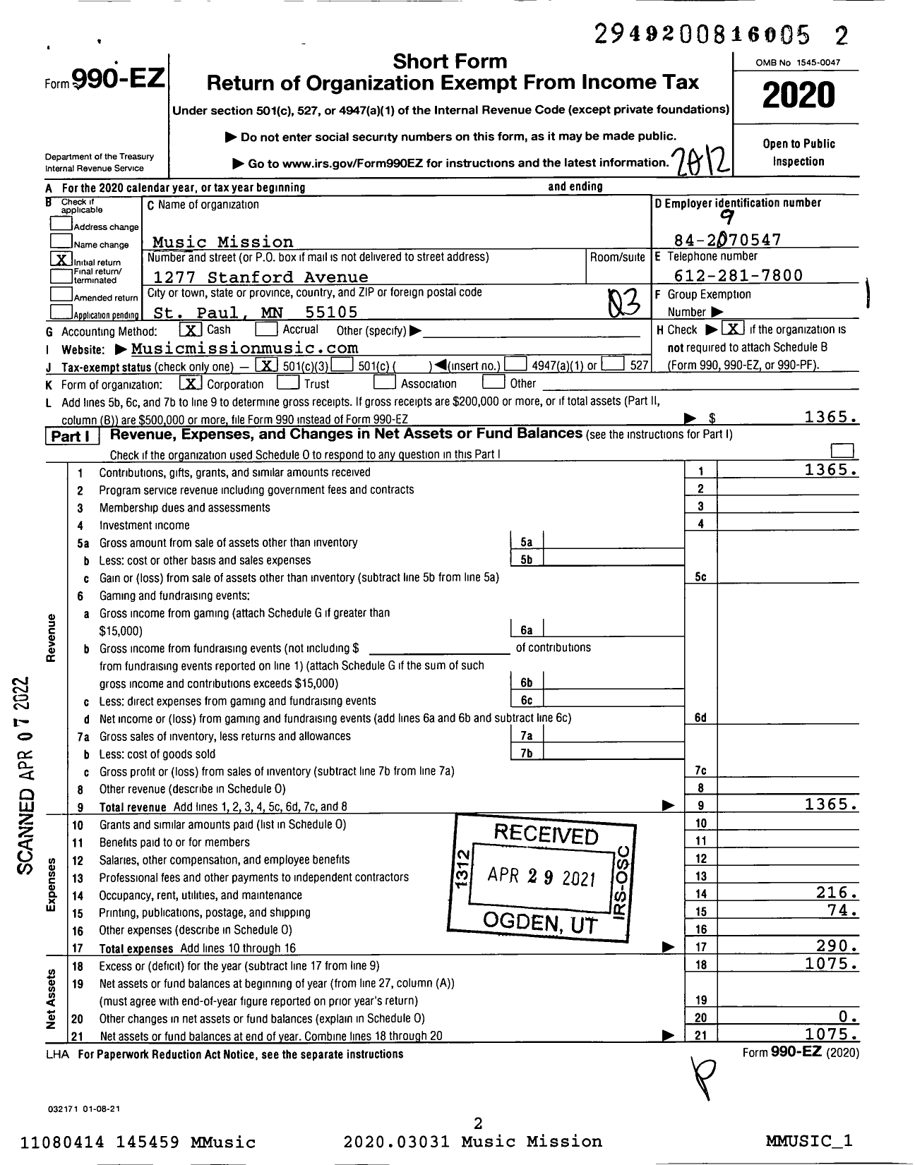 Image of first page of 2020 Form 990EZ for Music Mission