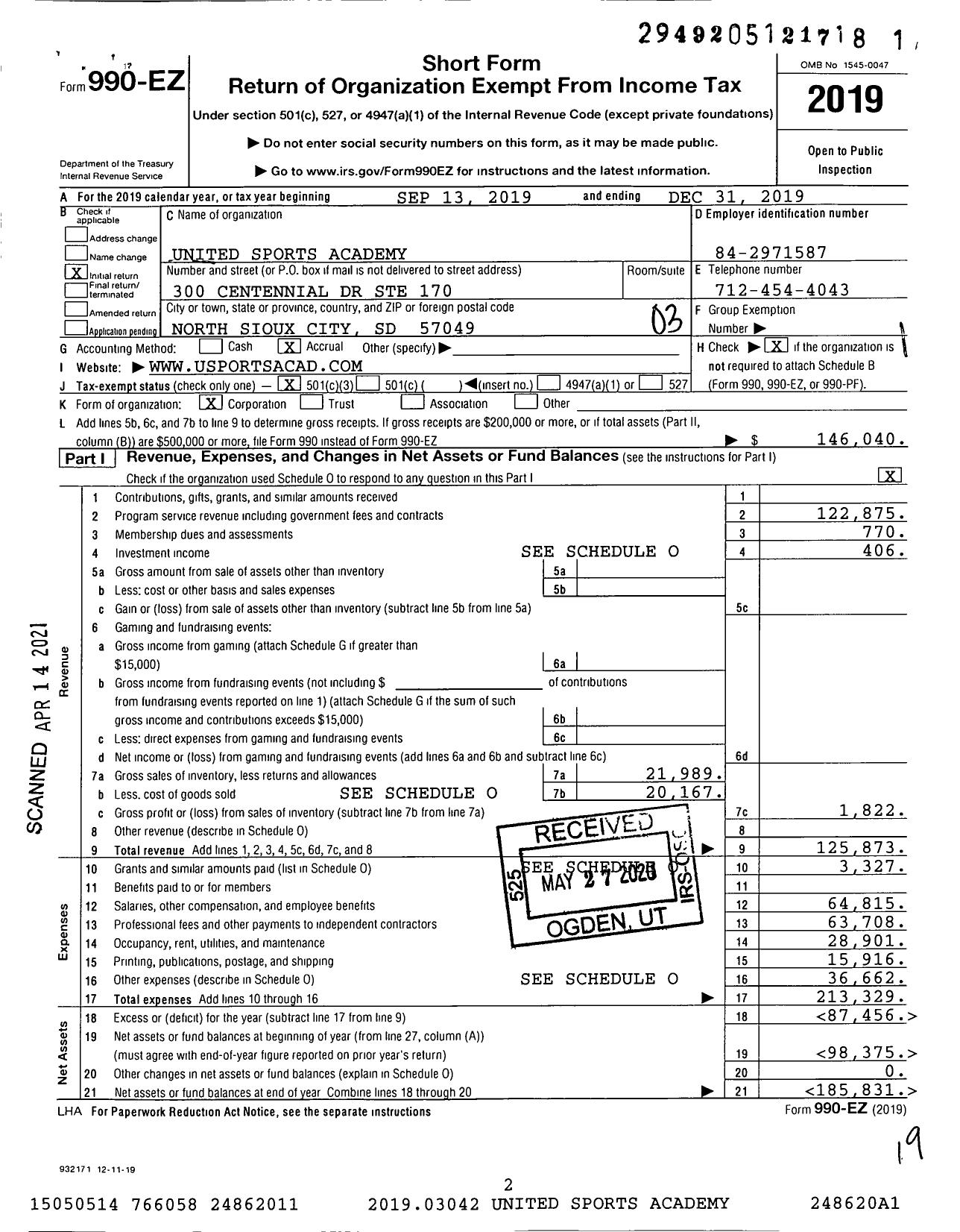 Image of first page of 2019 Form 990EZ for United Sports Academy