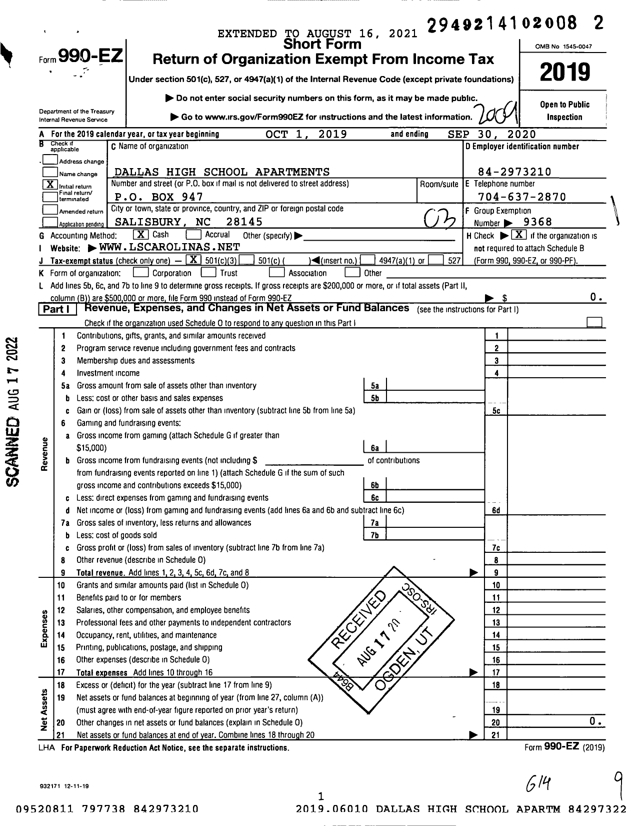 Image of first page of 2019 Form 990EZ for Dallas High School Apartments