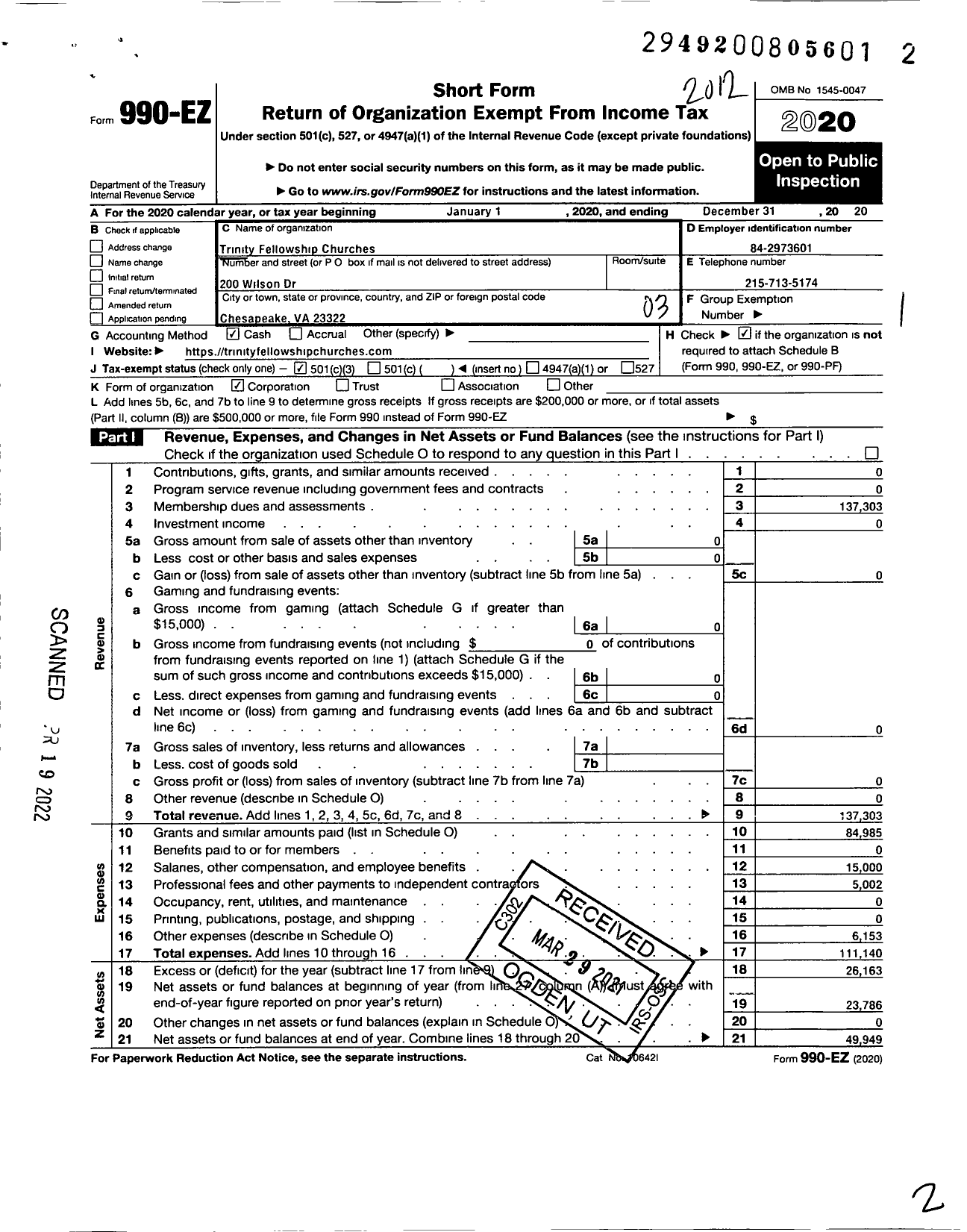 Image of first page of 2020 Form 990EZ for Trinity Fellowship Churches