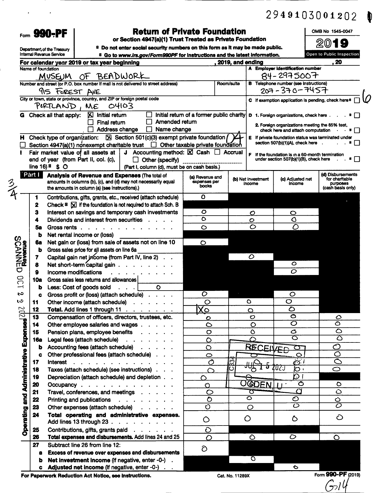 Image of first page of 2019 Form 990PF for Museum of Beadwork