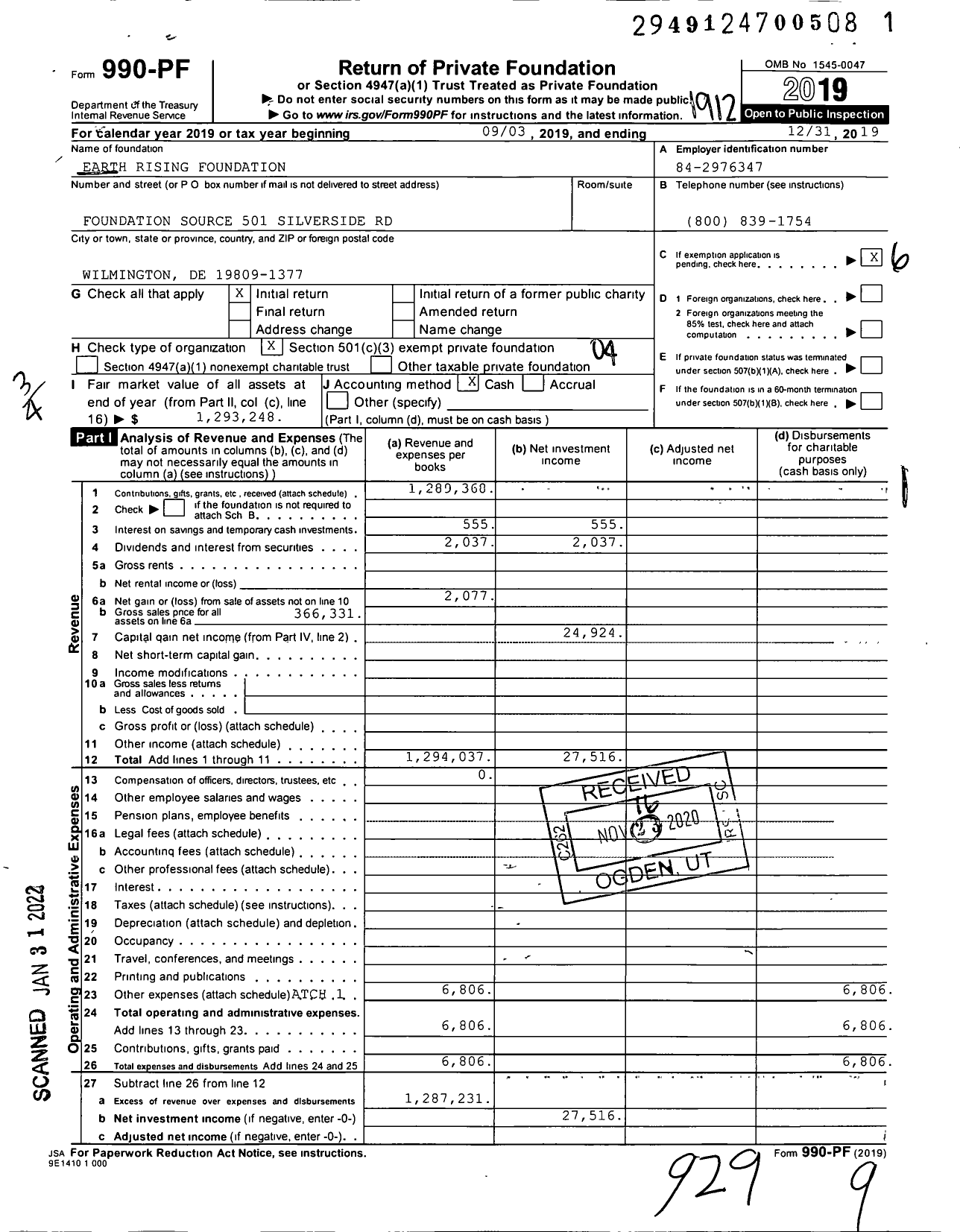 Image of first page of 2019 Form 990PF for Earth Rising Foundation