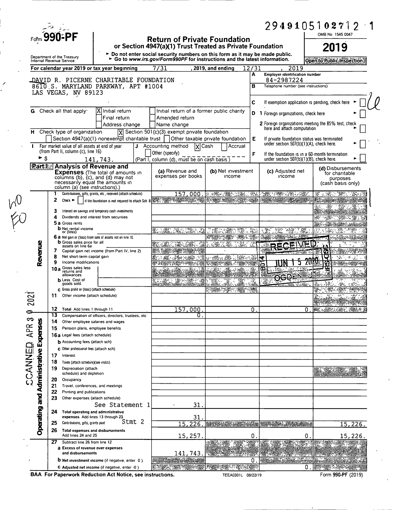 Image of first page of 2019 Form 990PF for David R Picerne Charitable Foundation