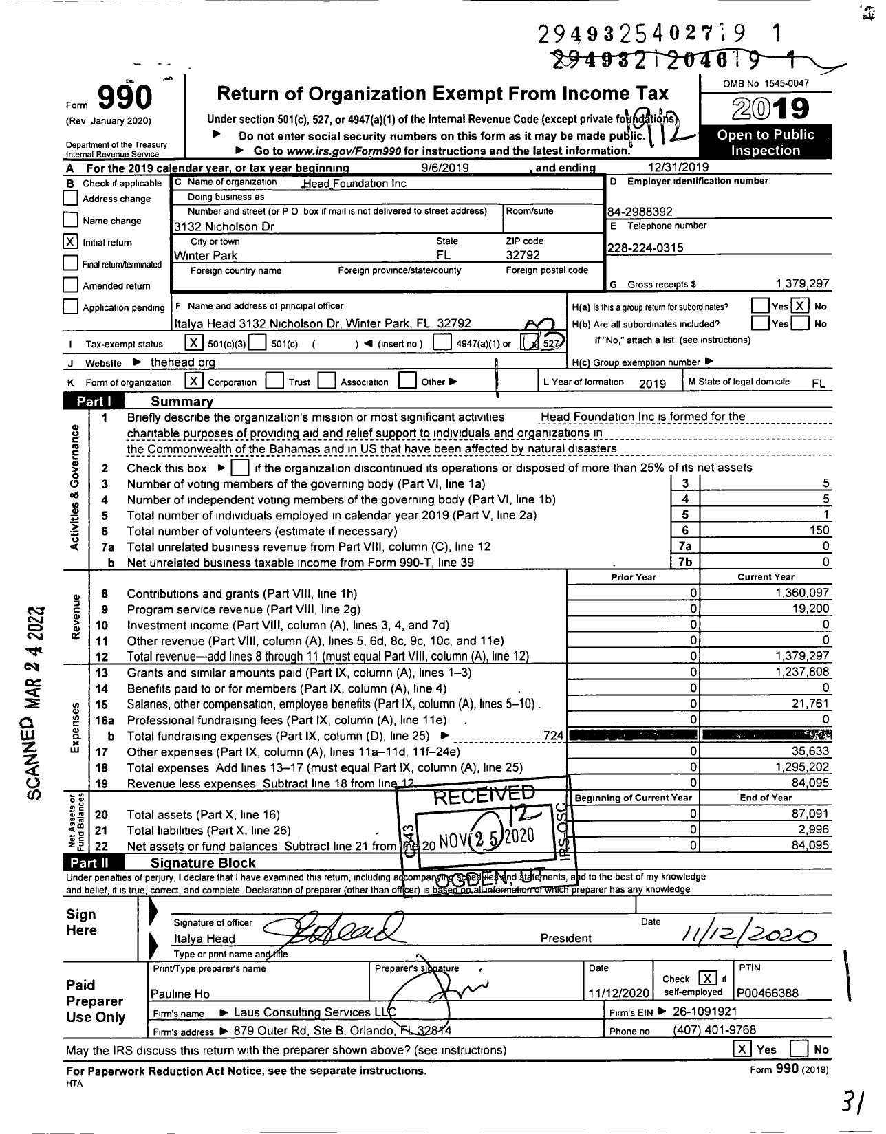 Image of first page of 2019 Form 990 for Head Foundation