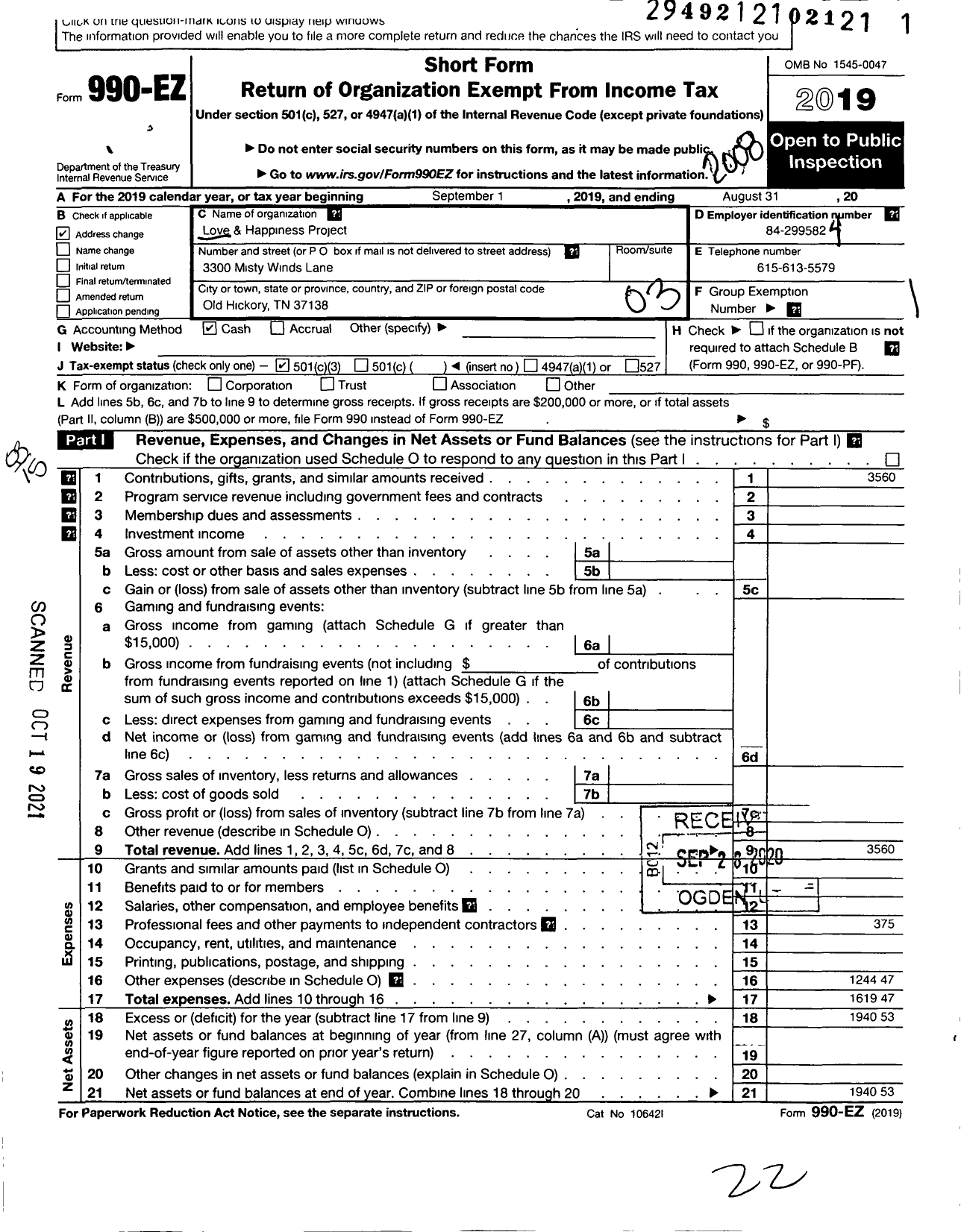 Image of first page of 2019 Form 990EZ for Love and Happiness Project