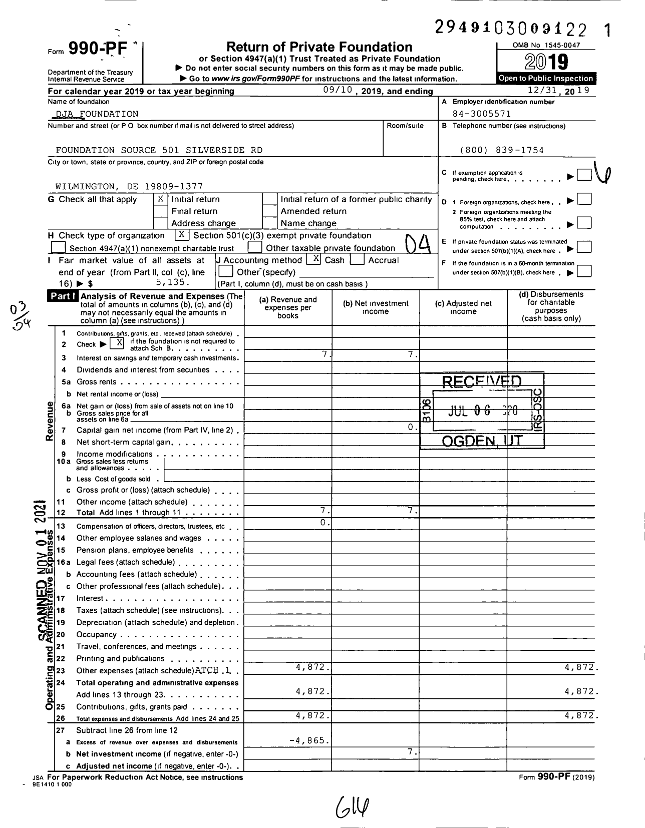 Image of first page of 2019 Form 990PF for DJA Foundation