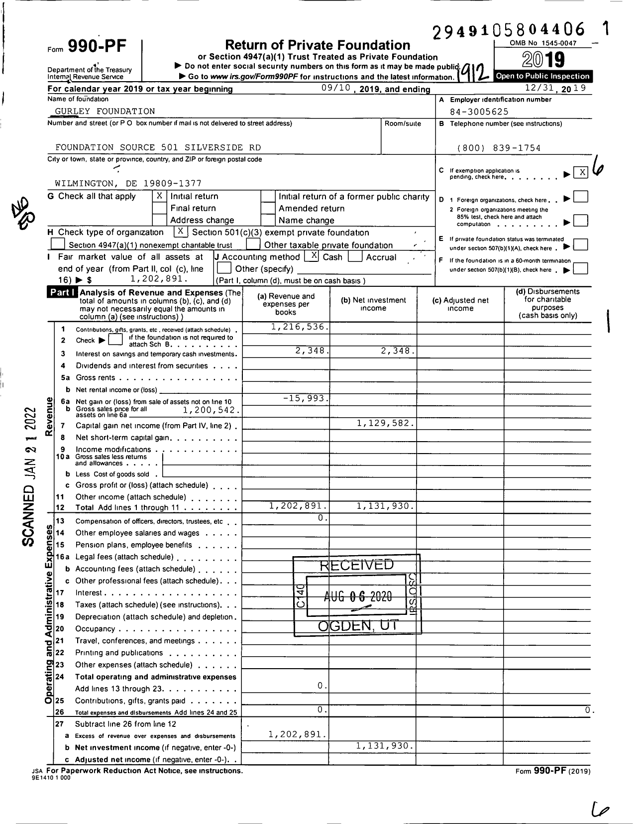 Image of first page of 2019 Form 990PF for Gurley Foundation