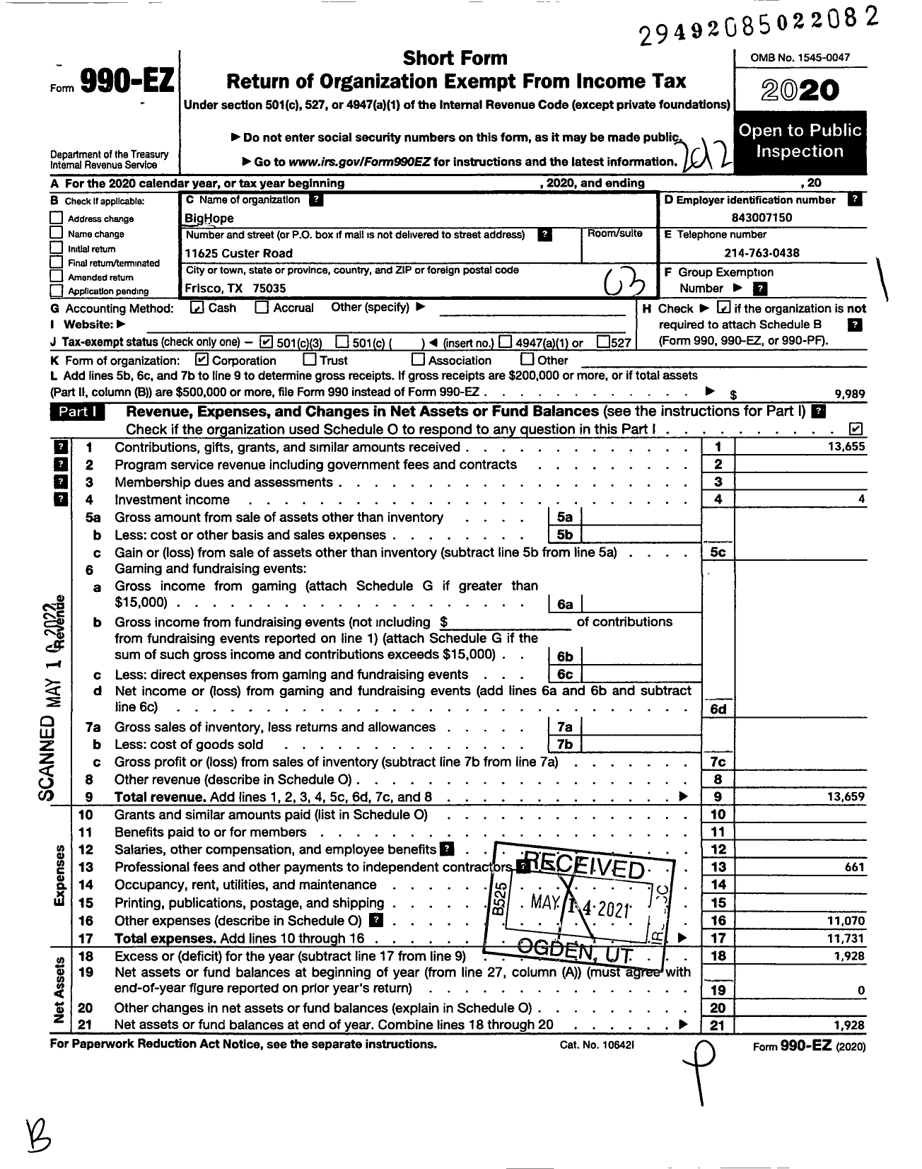 Image of first page of 2020 Form 990EZ for BigHope