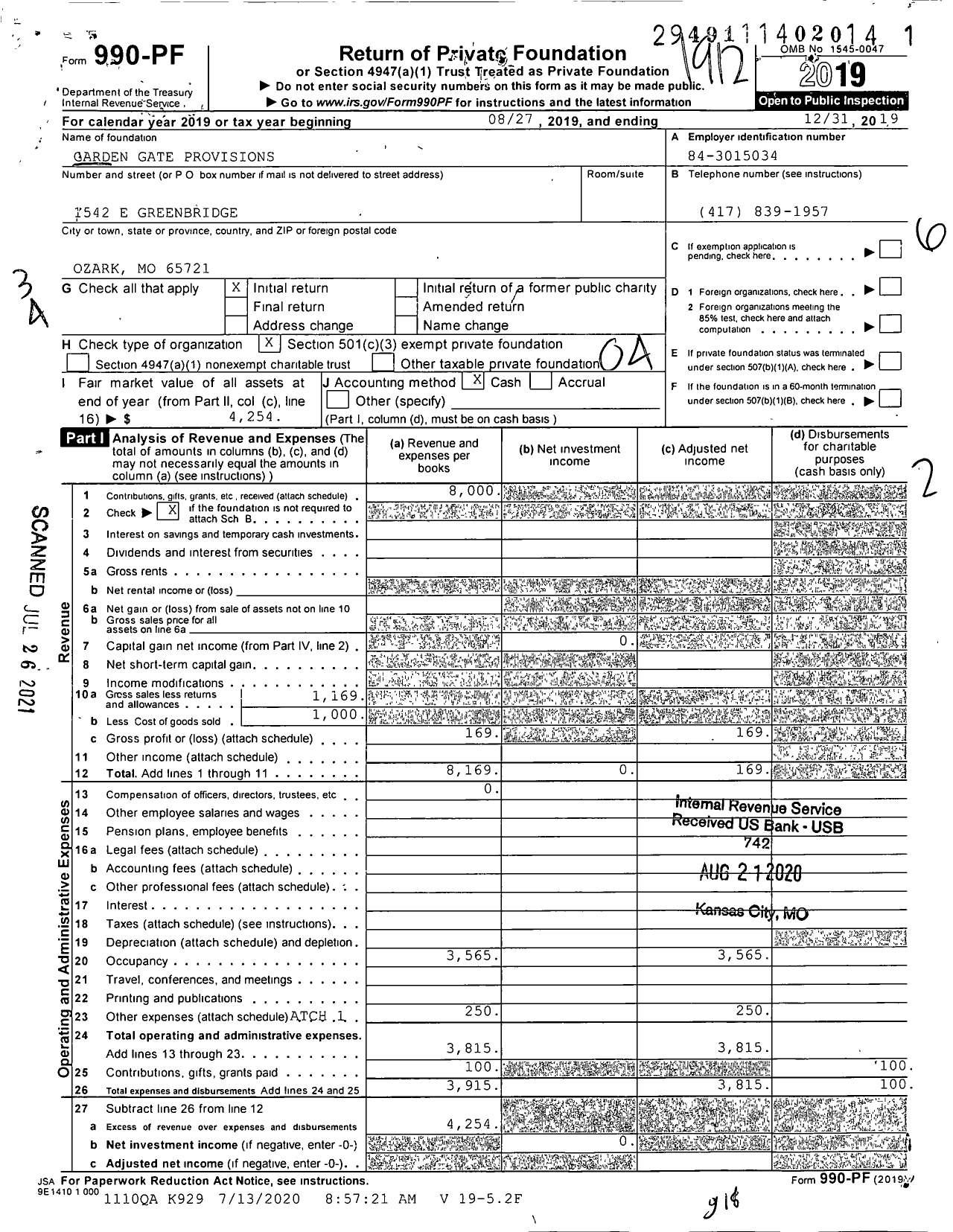 Image of first page of 2019 Form 990PF for Garde'n Gate Provisions