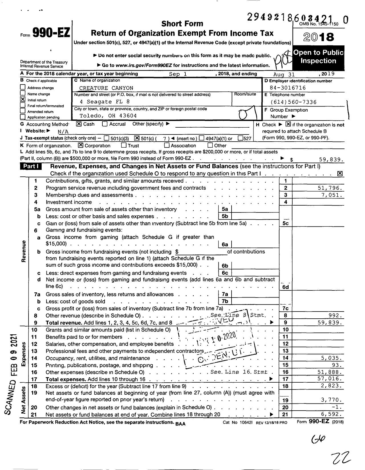 Image of first page of 2018 Form 990EO for Creature Canyon