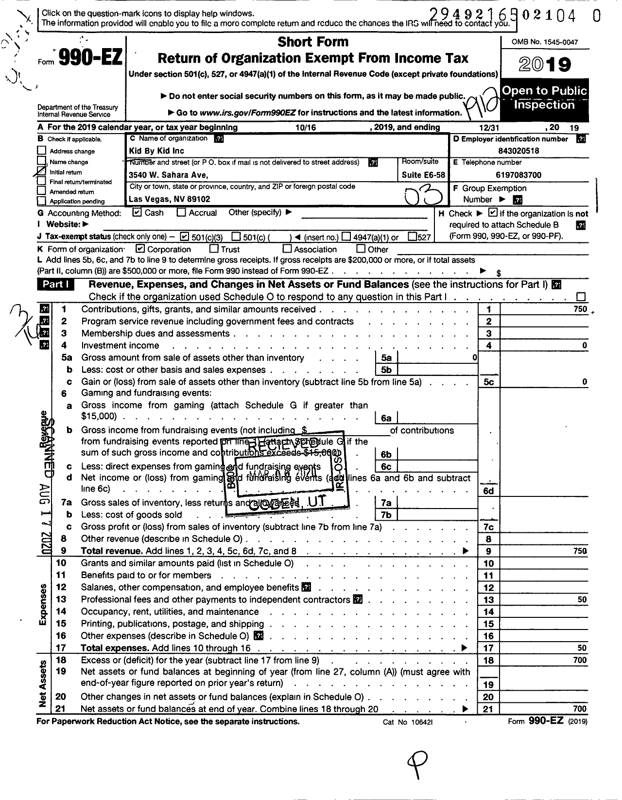 Image of first page of 2019 Form 990EZ for Kid By Kid