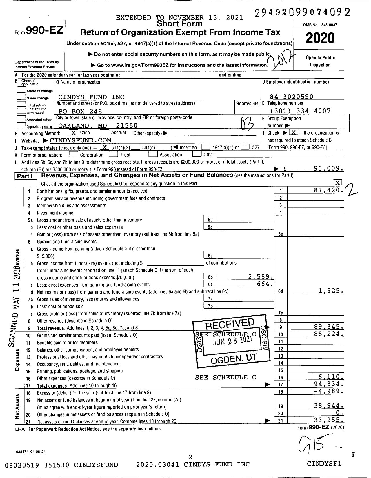 Image of first page of 2020 Form 990EZ for Cindy's Fund