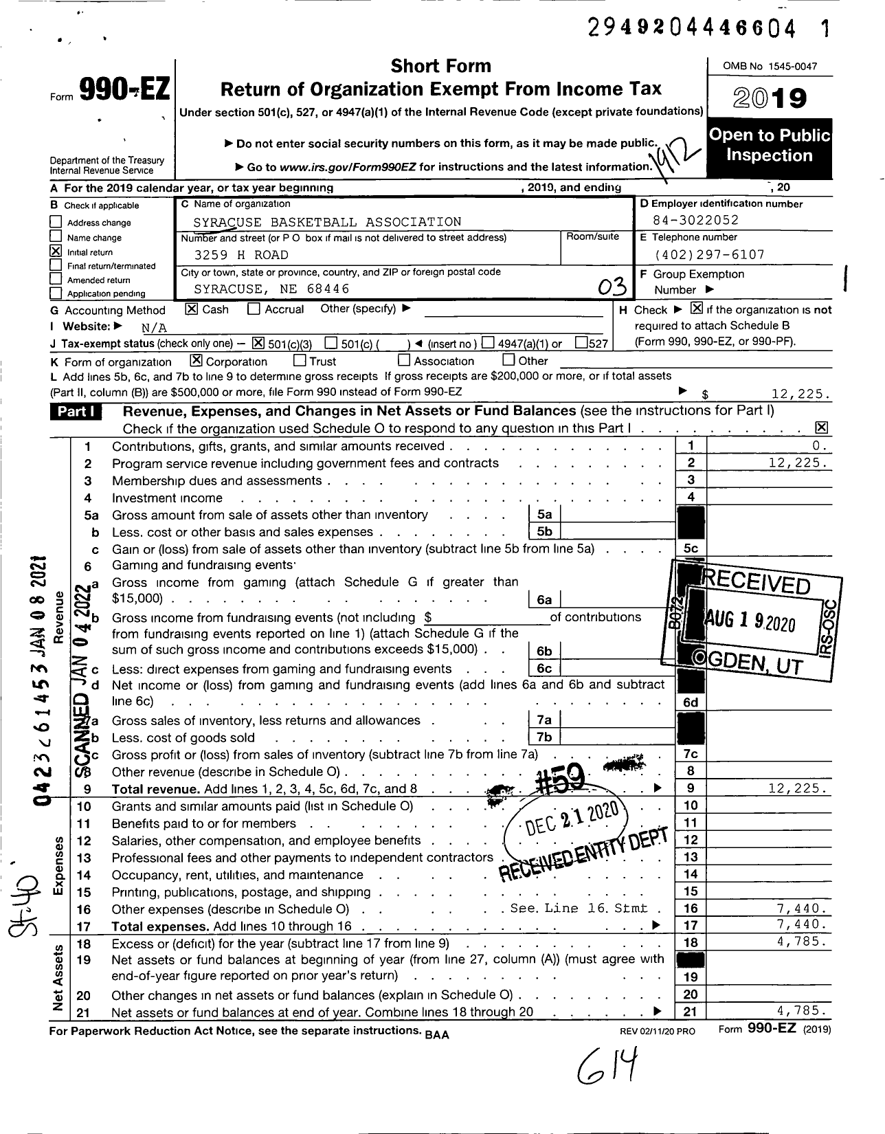 Image of first page of 2019 Form 990EZ for Syracuse Basketball Association